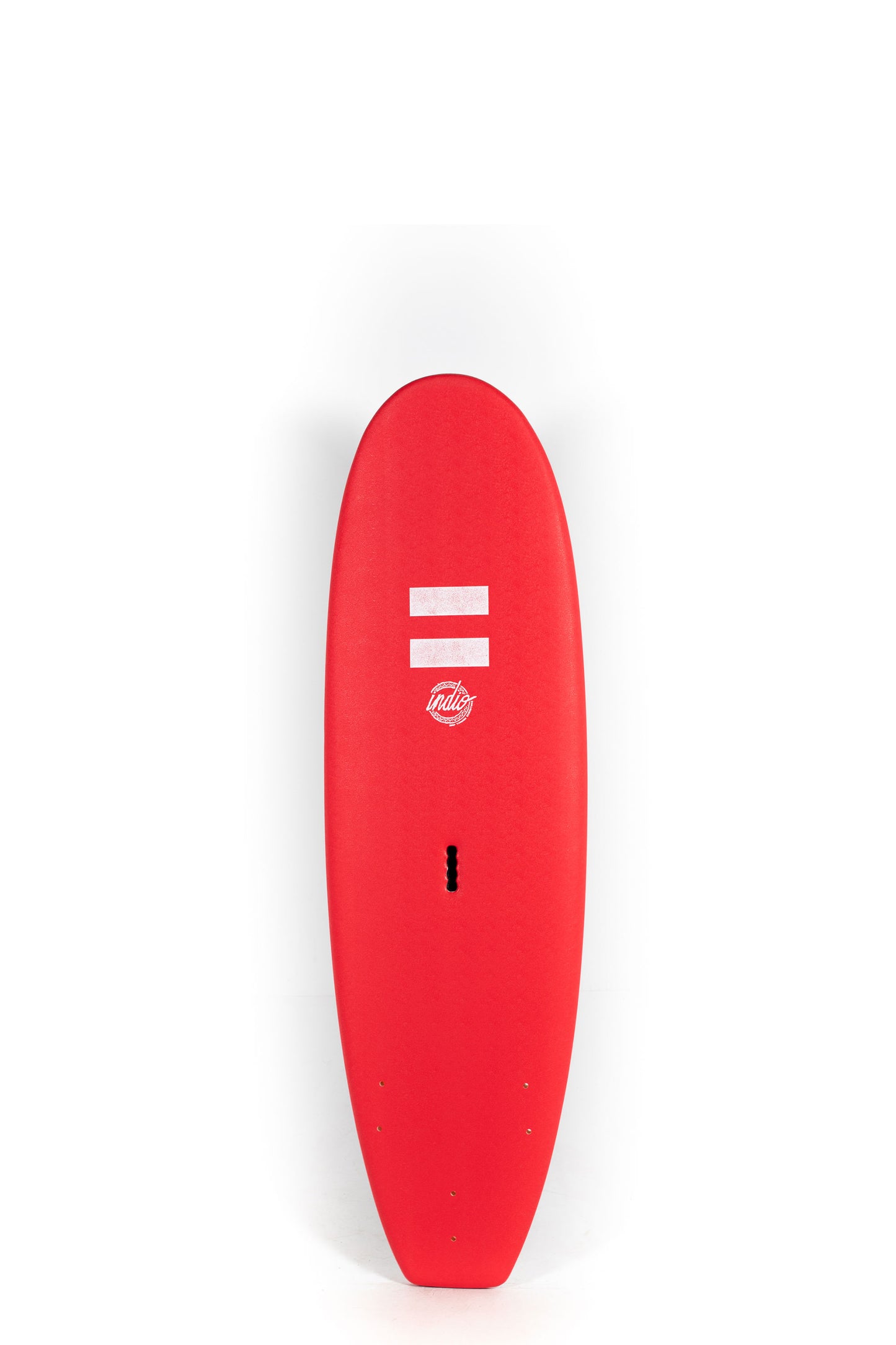 Red Indio Softboard surfboard with a logo on a white background by Pukas Surf Shop
