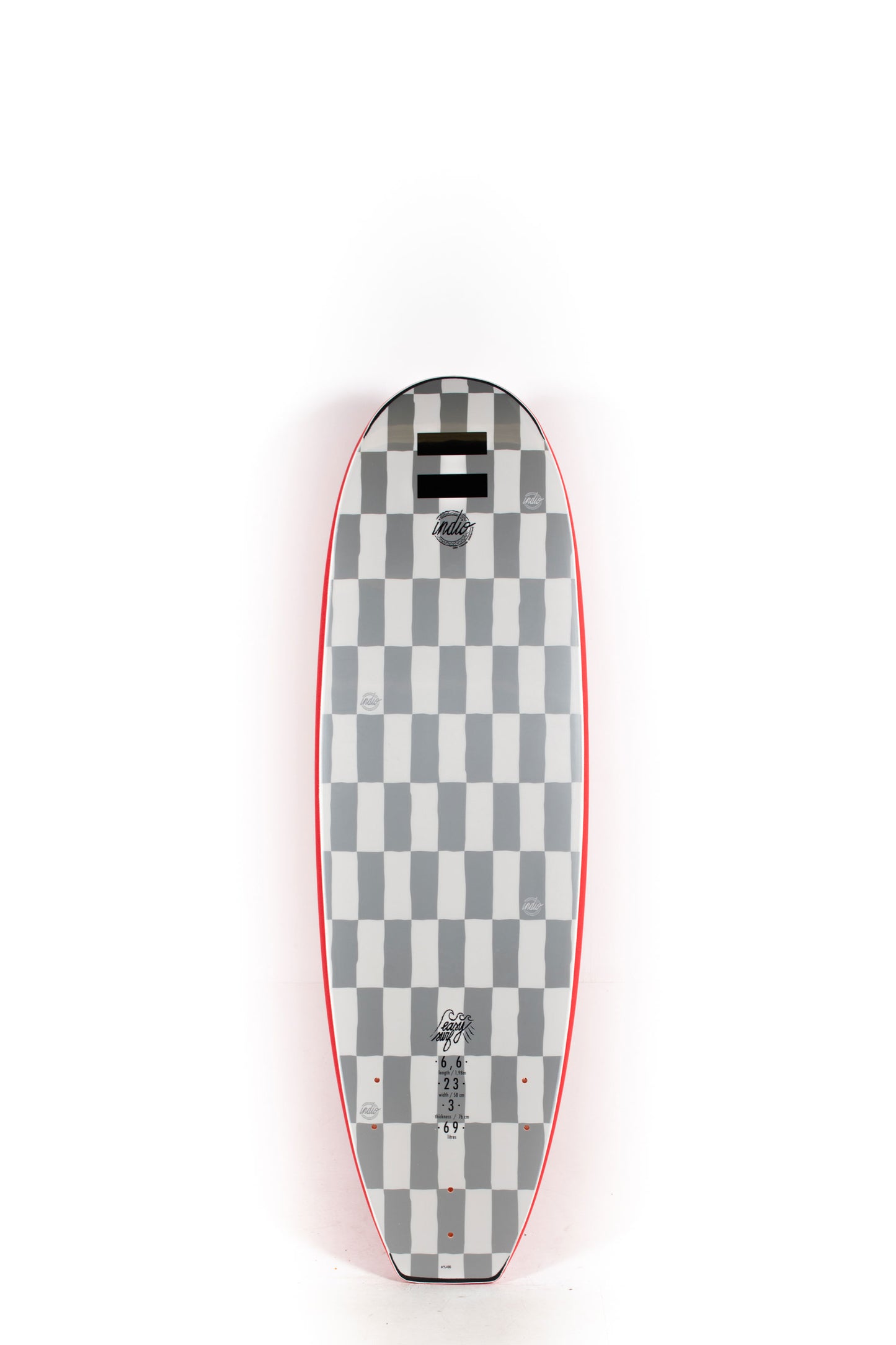Red Indio Softboard surfboard with a logo on a white background by Pukas Surf Shop - 2