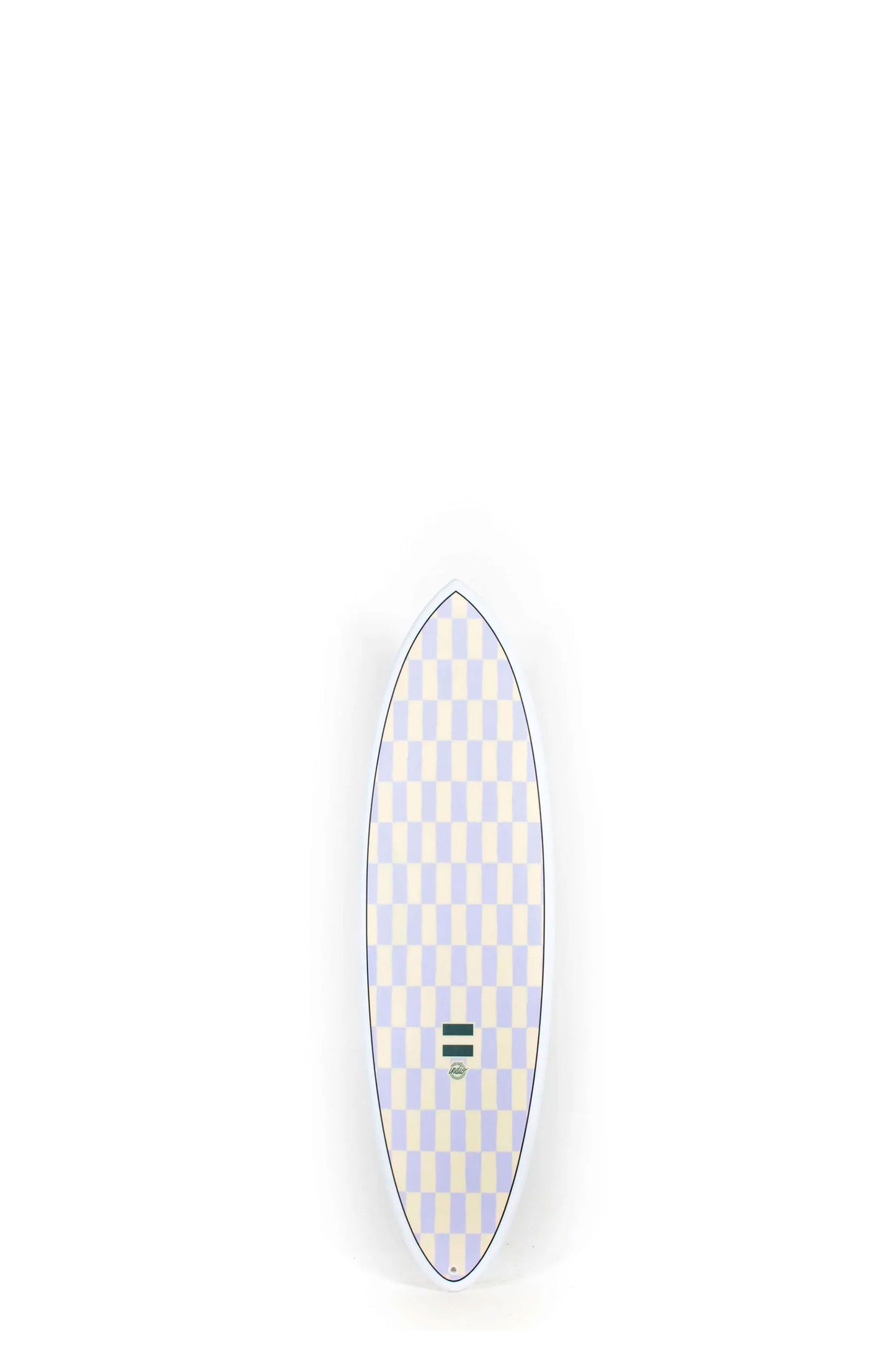 Purple and yellow checkered Indio Surfboard Racer size 5'2" at Pukas Surf Shop