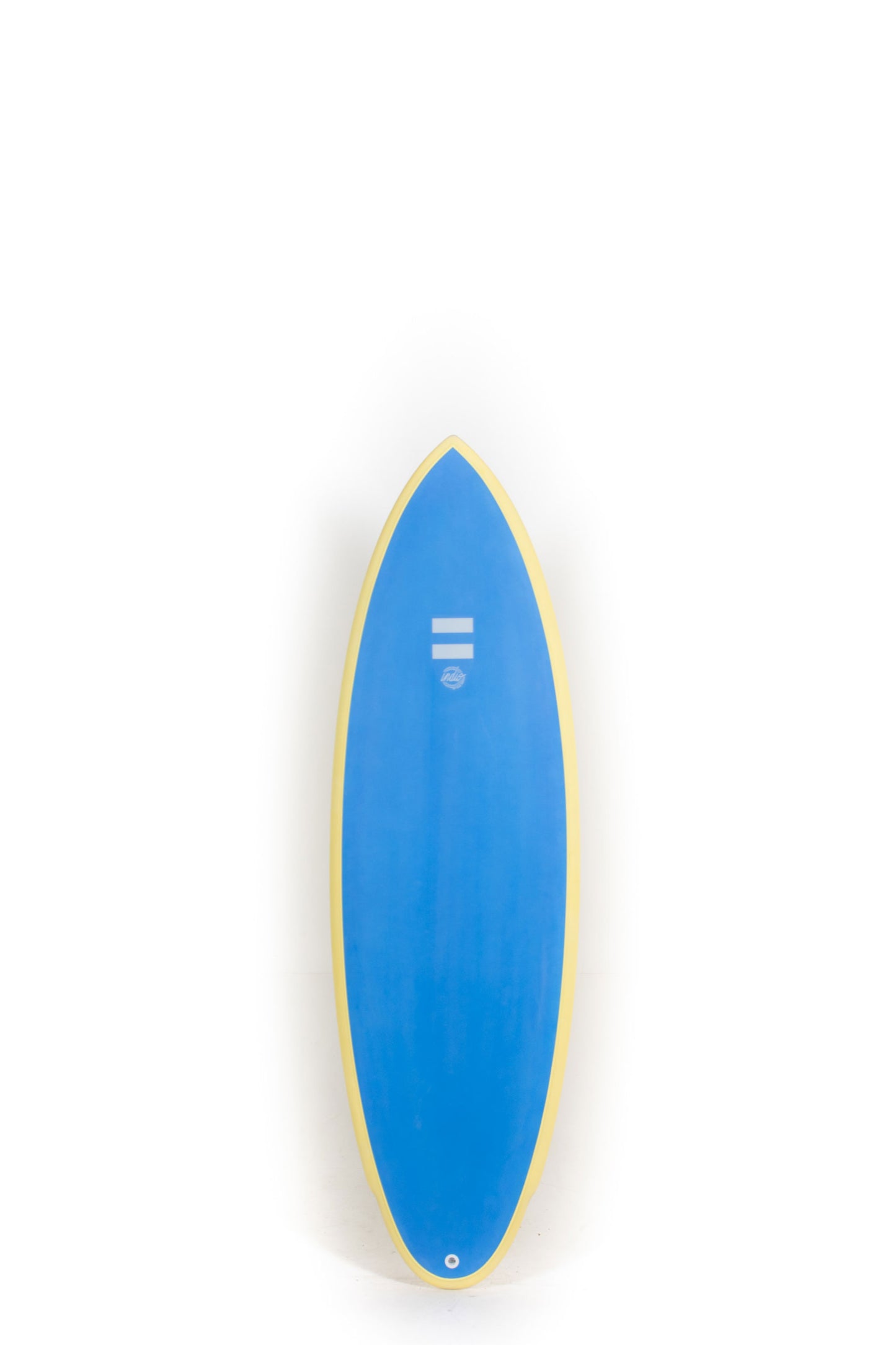Blue Indio surfboard Rancho with a yellow edge on a white background by Pukas Surf Shop
