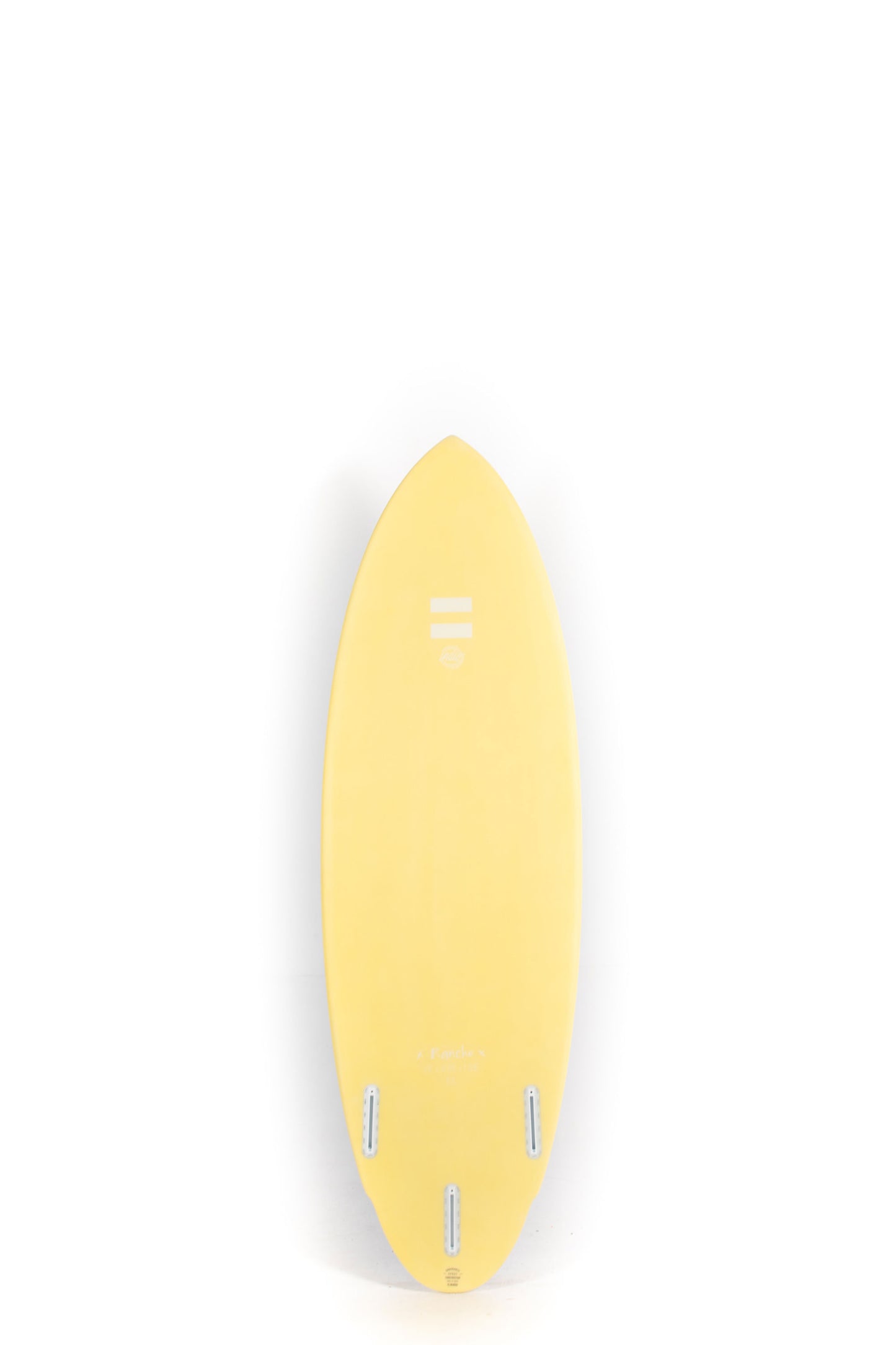 Blue Indio surfboard Rancho with a yellow edge on a white background by Pukas Surf Shop - 2