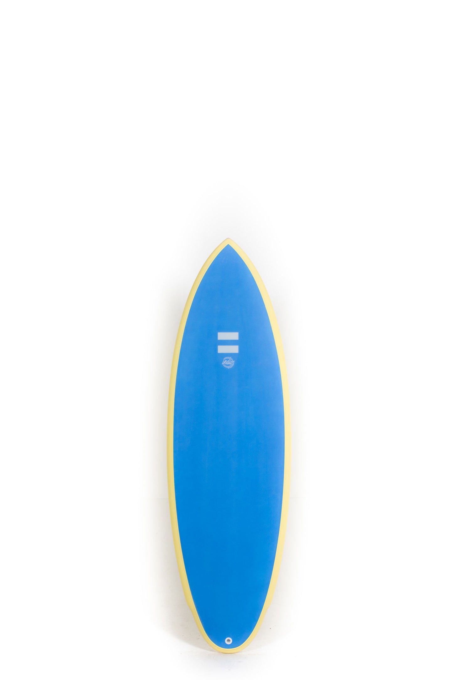 Blue and yellow Indio Surfboard Rancho size 5'8" on a white background by Pukas Surf Shop