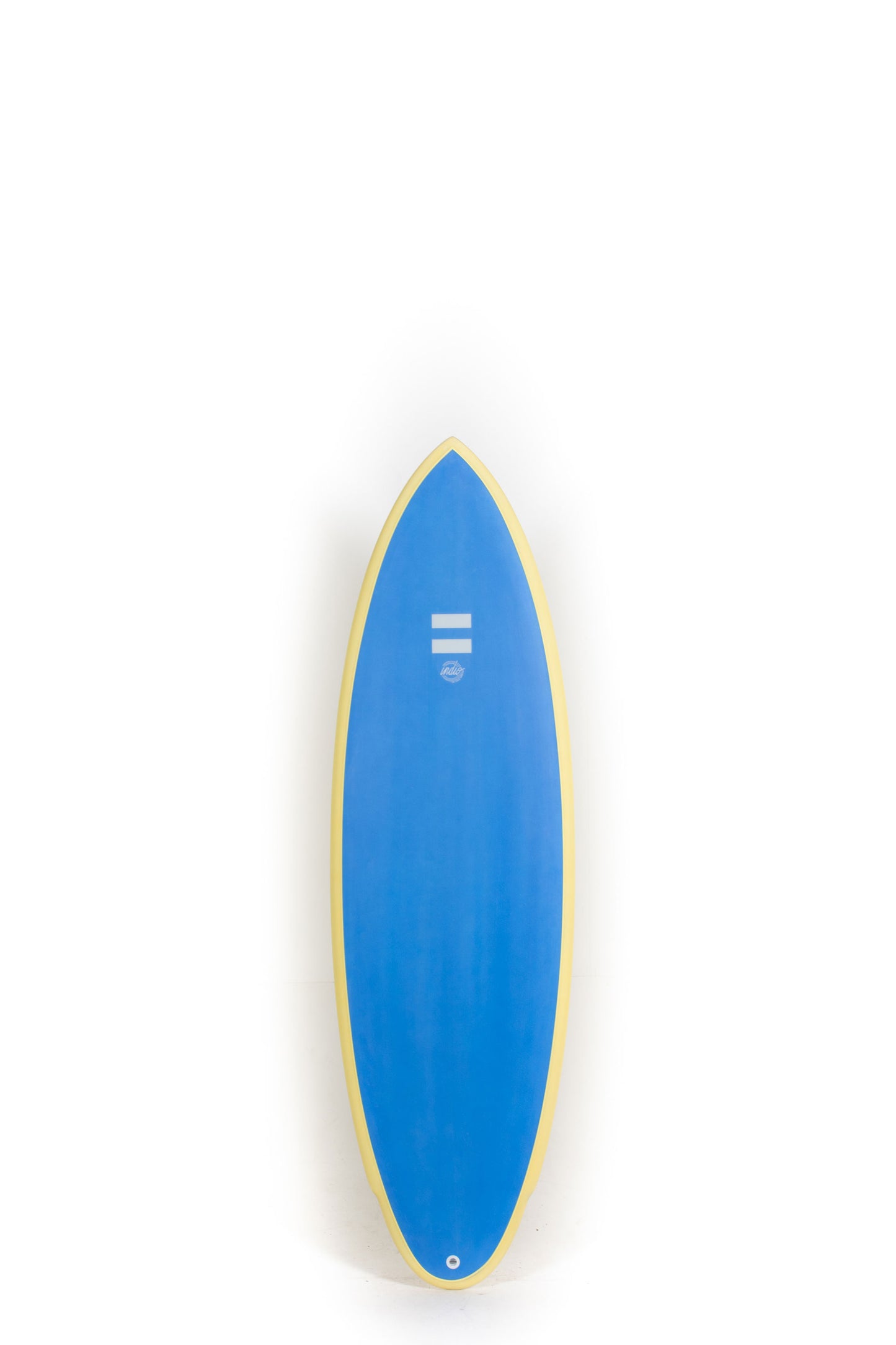 Blue Indio surfboard Rancho size 6'0" with a yellow edge on a white background by Pukas Surf Shop