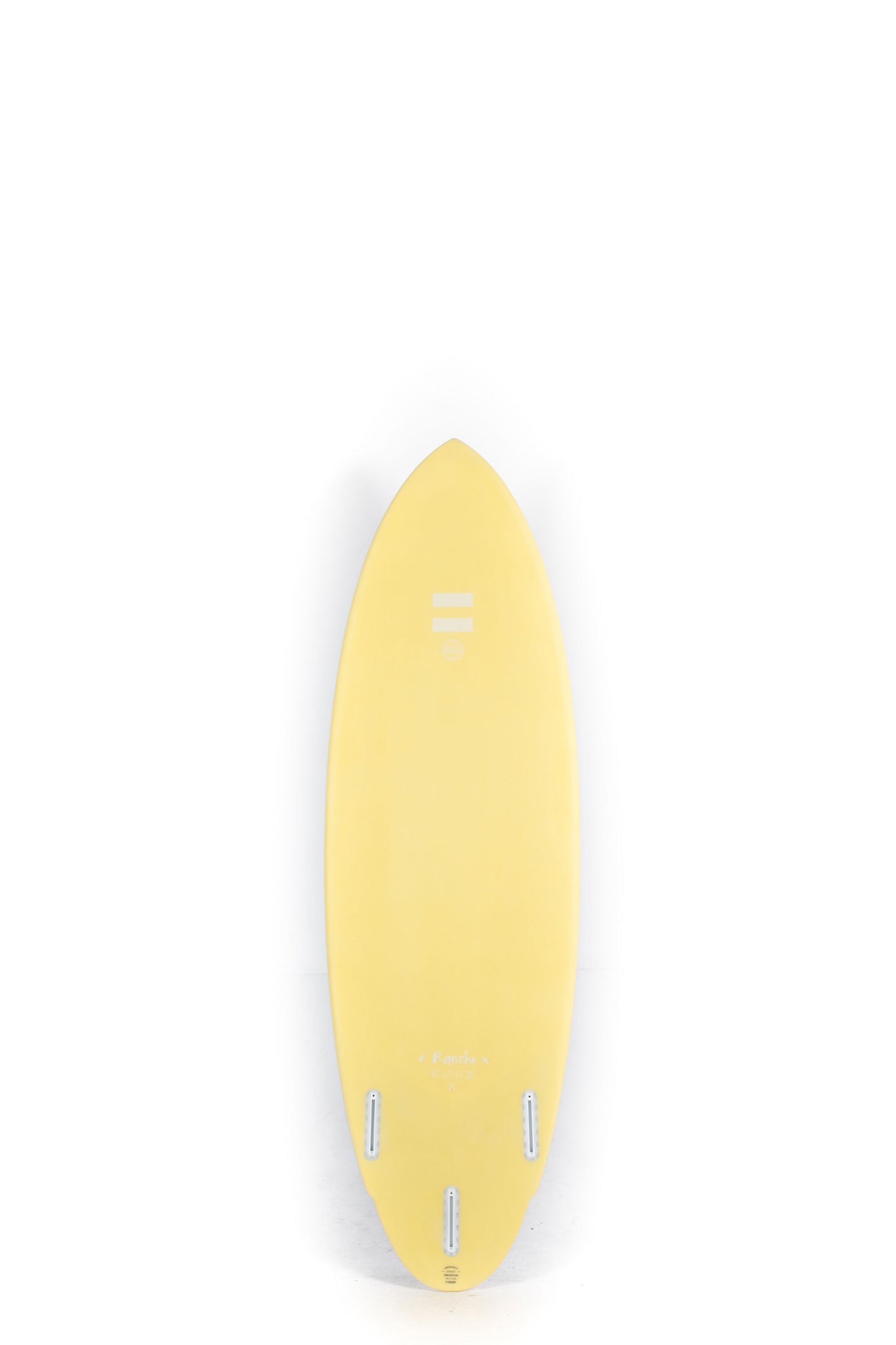 Blue Indio surfboard Rancho size 6'0" with a yellow edge on a white background by Pukas Surf Shop - 2