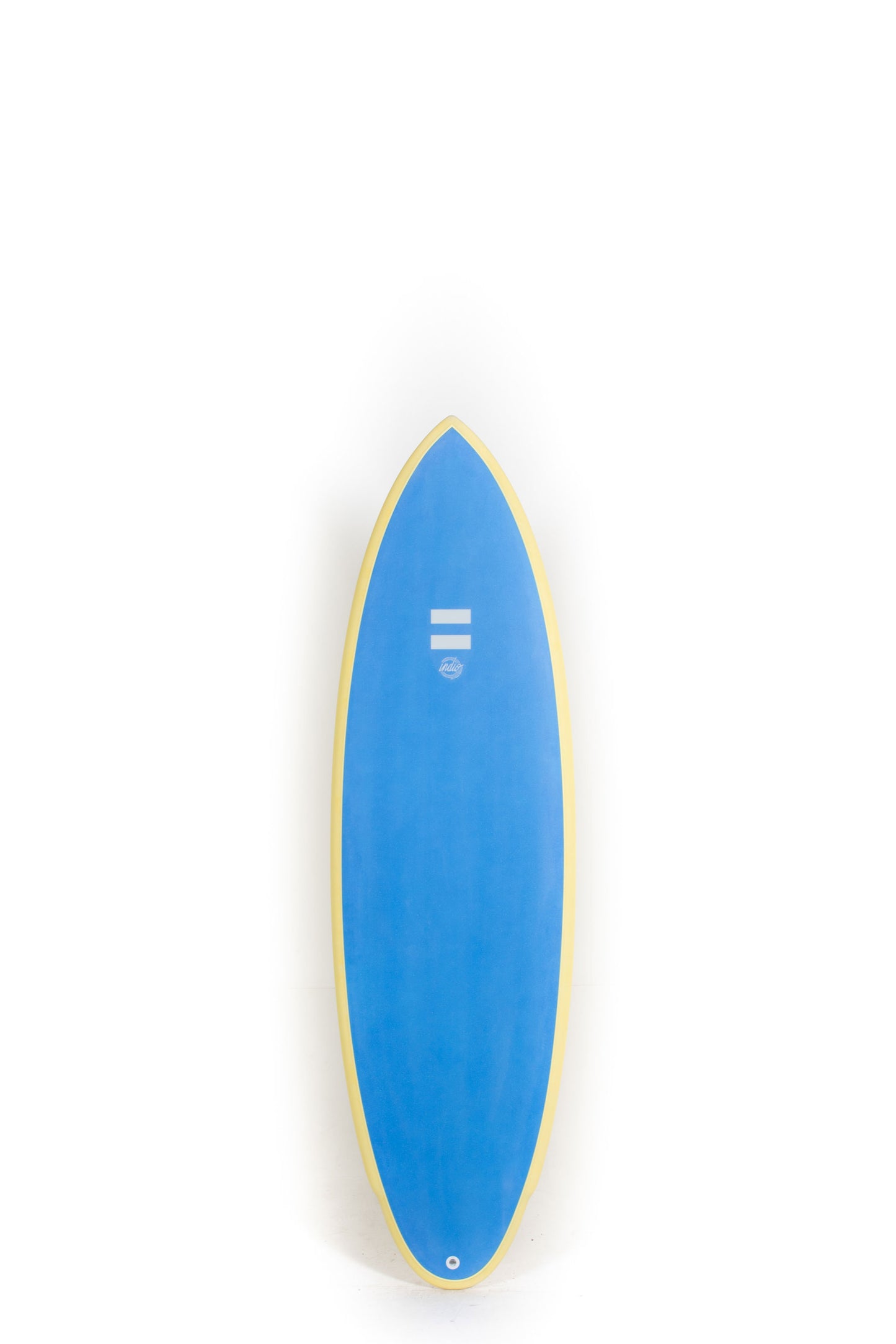 Blue Indio surfboard Rancho size 6'2" with a white logo on a white background by Pukas Surf Shop