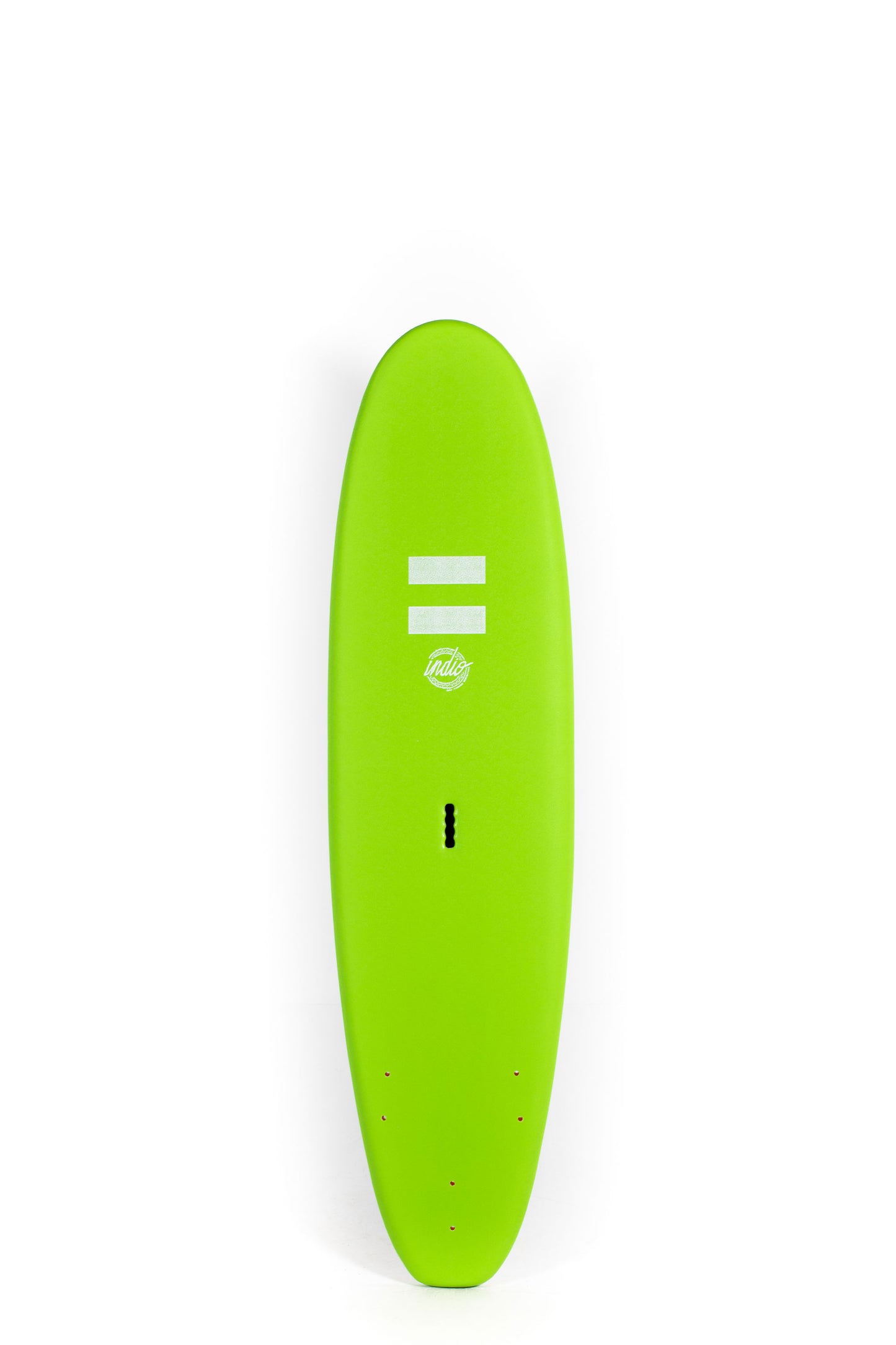 Green Indio Softboard surfboard with a white logo on a white background by Pukas Surf Shop