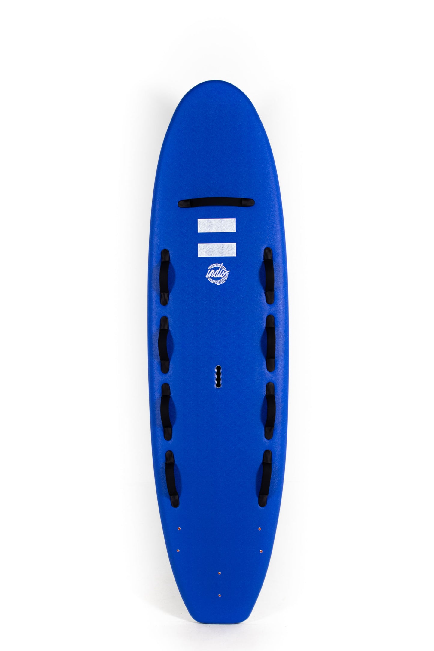 Blue Indio Softboard Surfboard with a logo and handles for adaptive surfing on a white background by Pukas Surf Shop