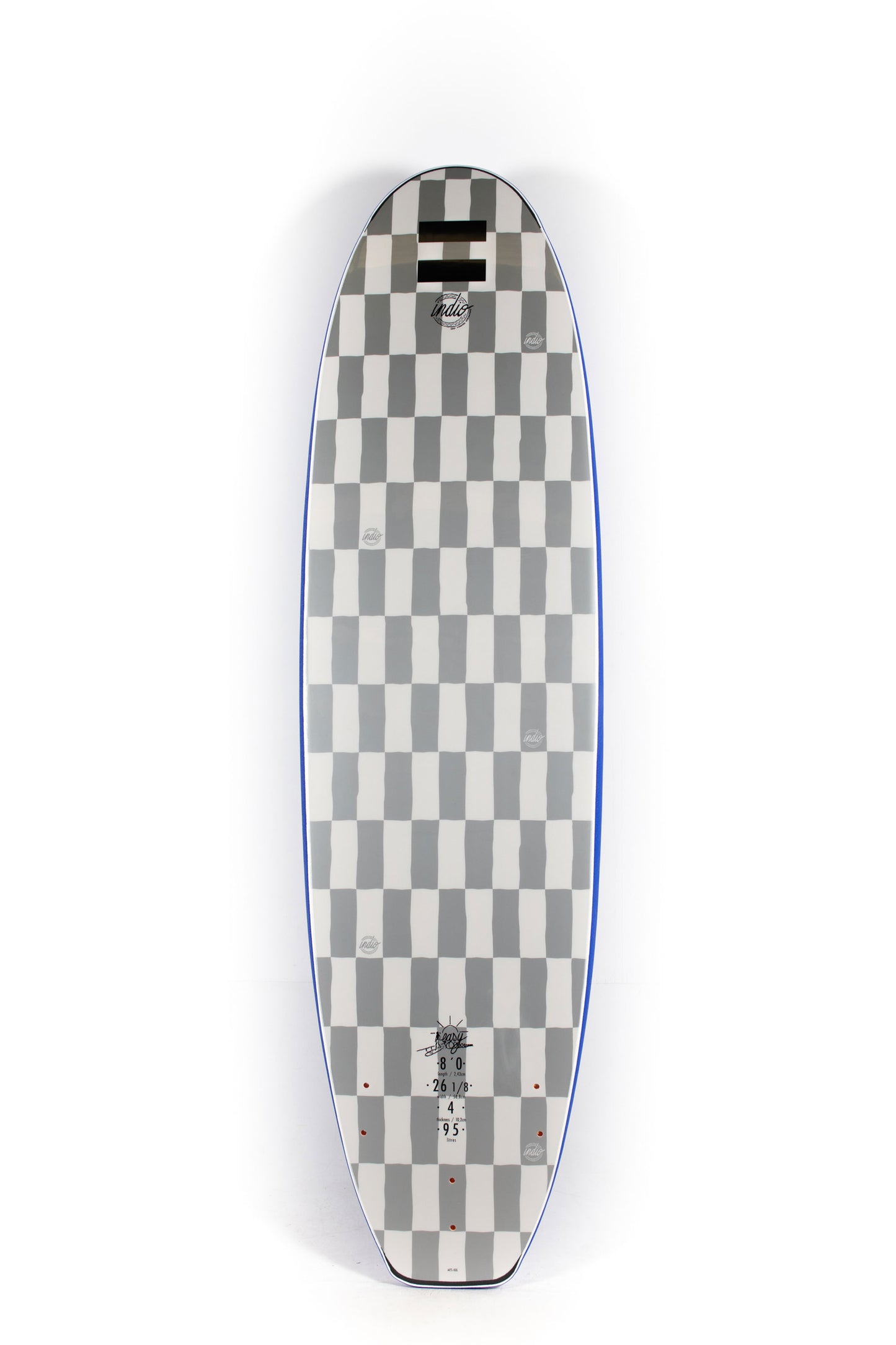 Blue Indio Softboard Surfboard with a logo and handles for adaptive surfing on a white background by Pukas Surf Shop - 2