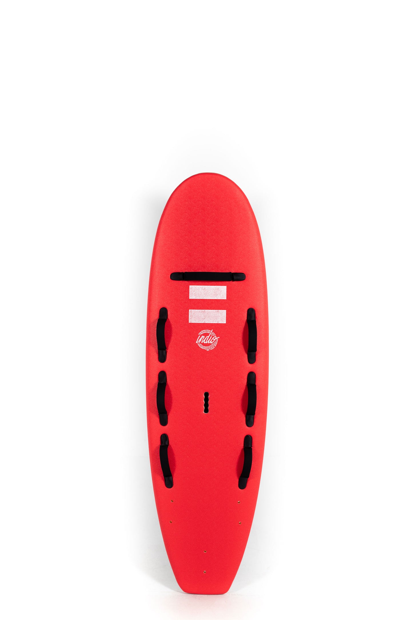 Red Indio Softboard Surfboard with black handles on a white background by Pukas Surf Shop
