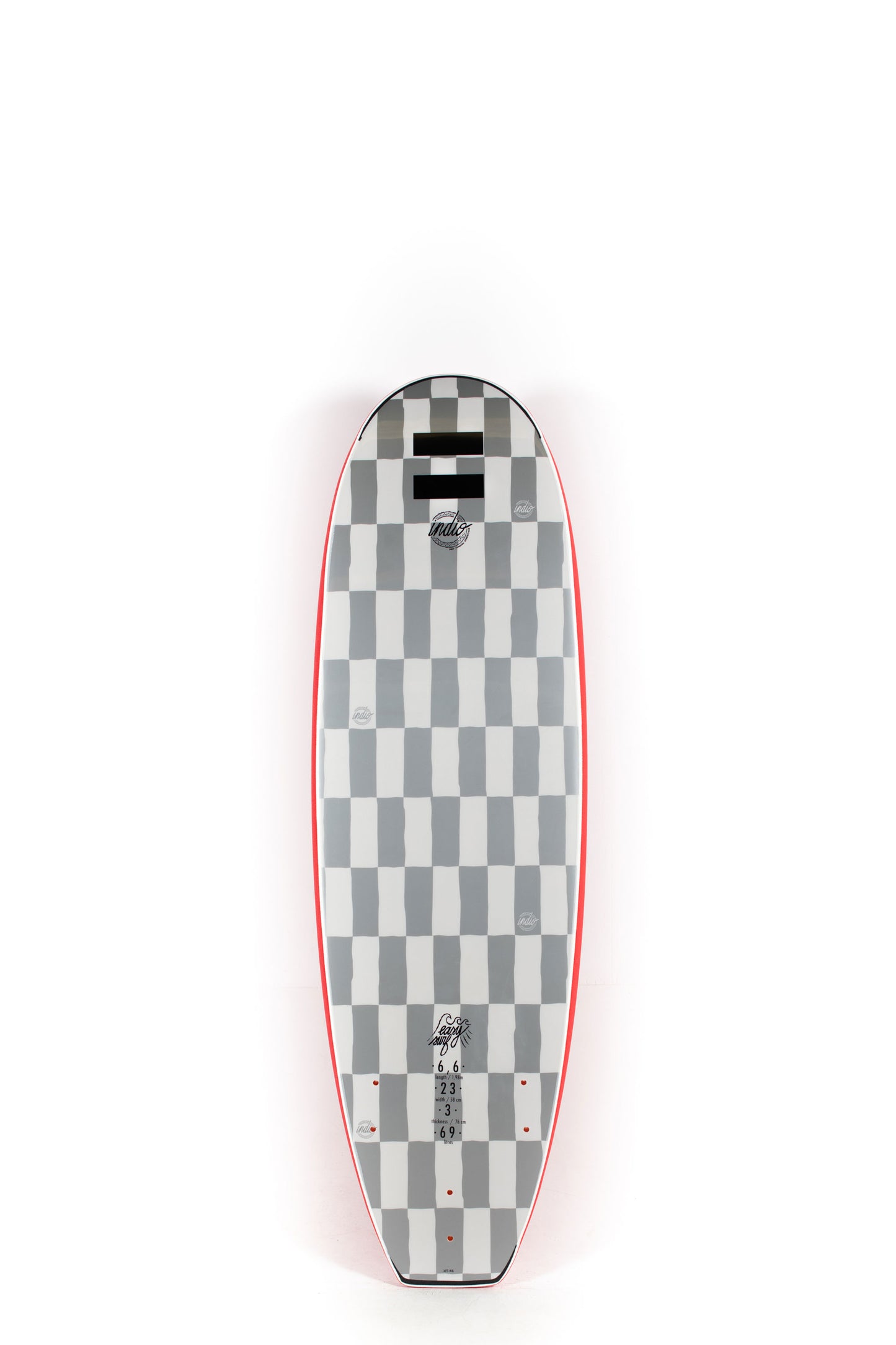 Red Indio Softboard Surfboard with black handles on a white background by Pukas Surf Shop - 2