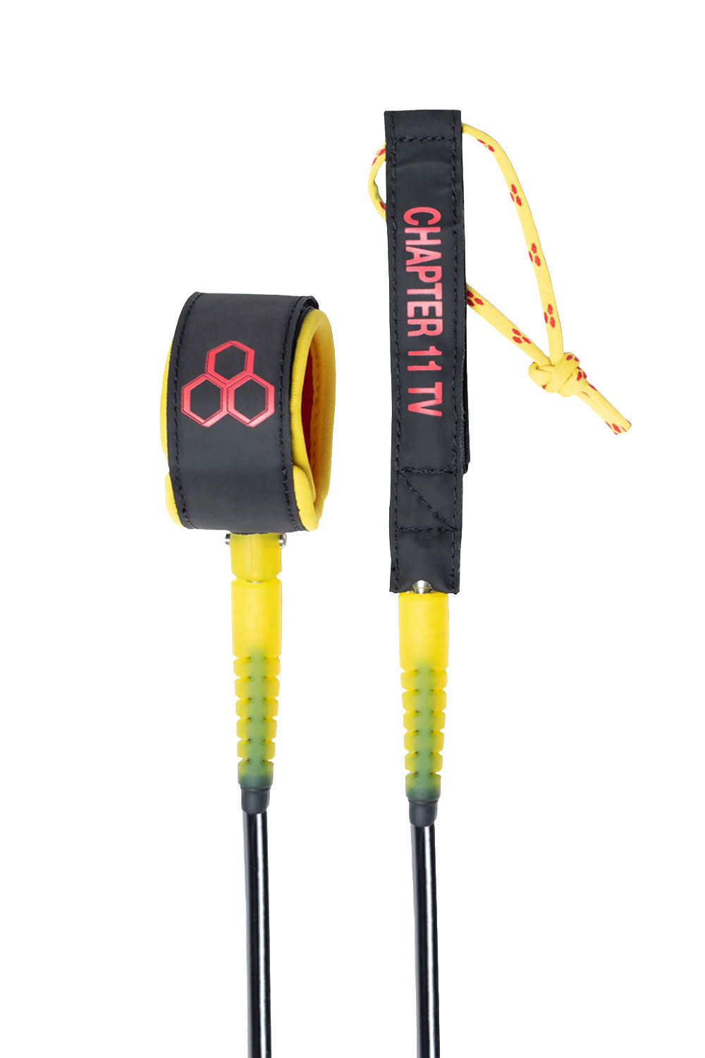 A black and yellow surf leash with a matching wrist strap, featuring a red geometric logo on the leash body and 'CHAPTER 11 TV' text on the strap, shown against a solid white background.
