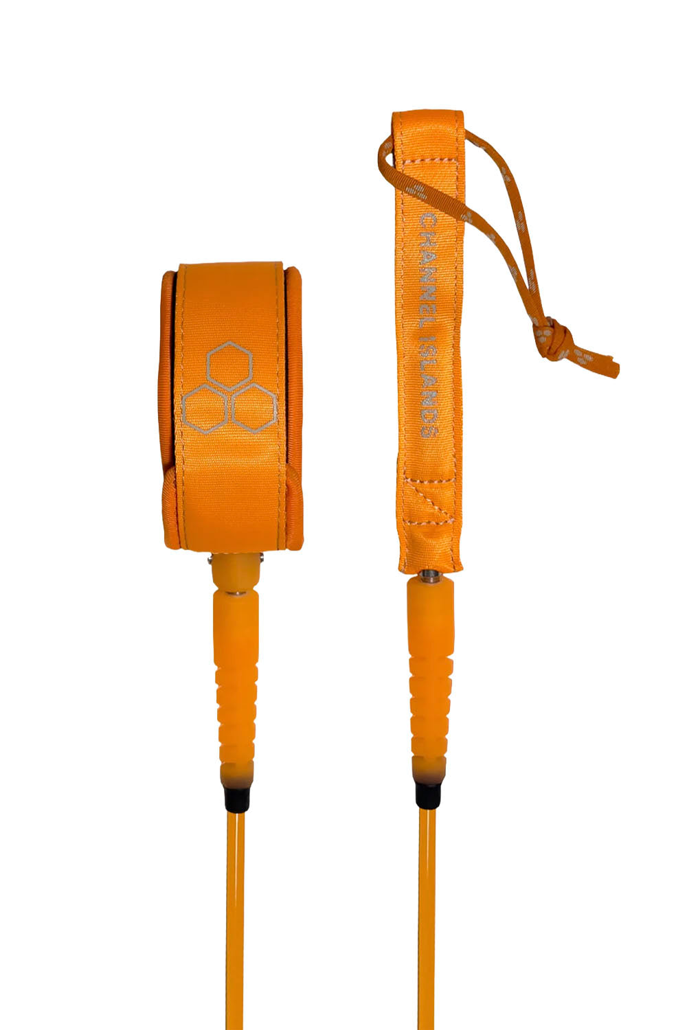 Channel Islands M Febs 6 ft Comp surf leash in Scout with orange ankle cuff and rail saver