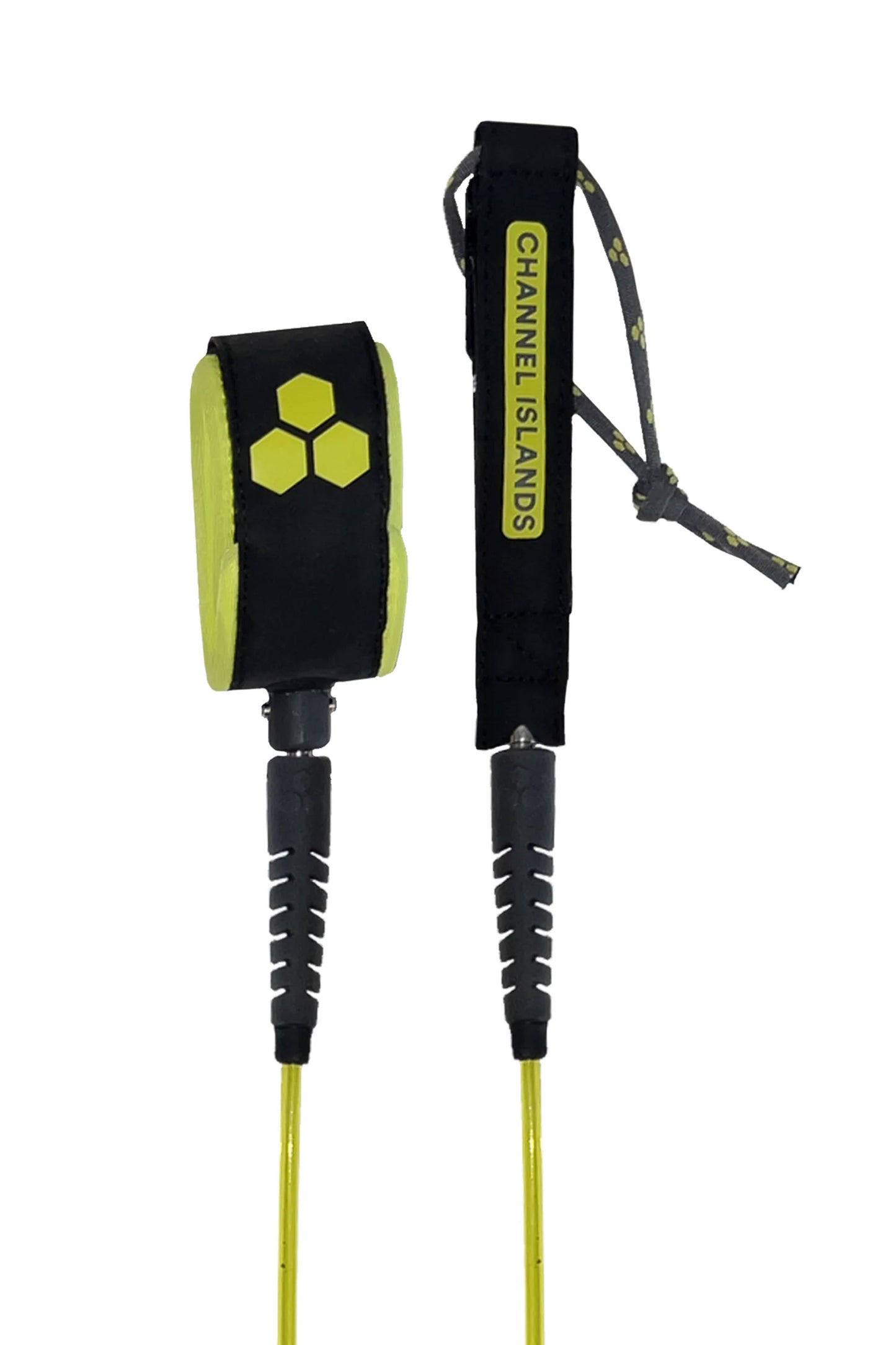 Black and yellow surfboard leash with 'Channel Islands' branding on a white background