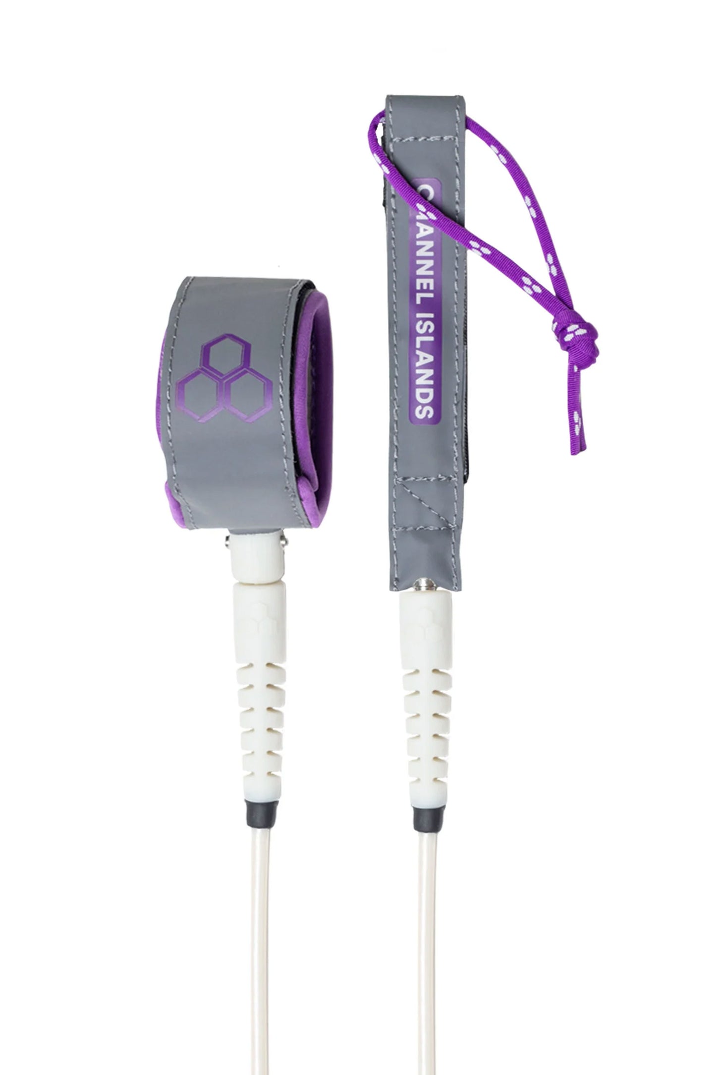 Gray and purple Channel Islands CI Dane R surfing leash on a white background