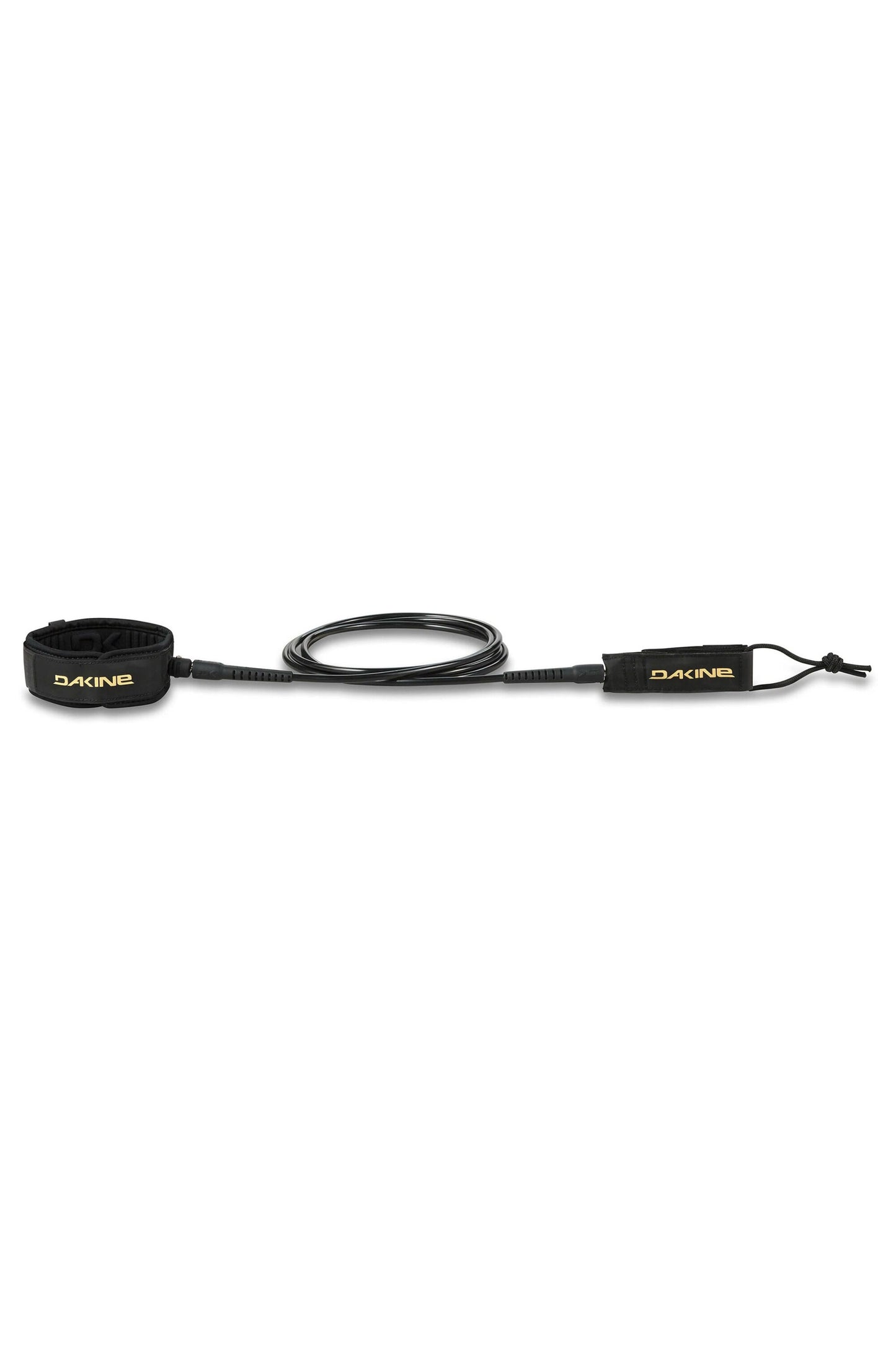 Black surfboard leash with yellow text on a white background