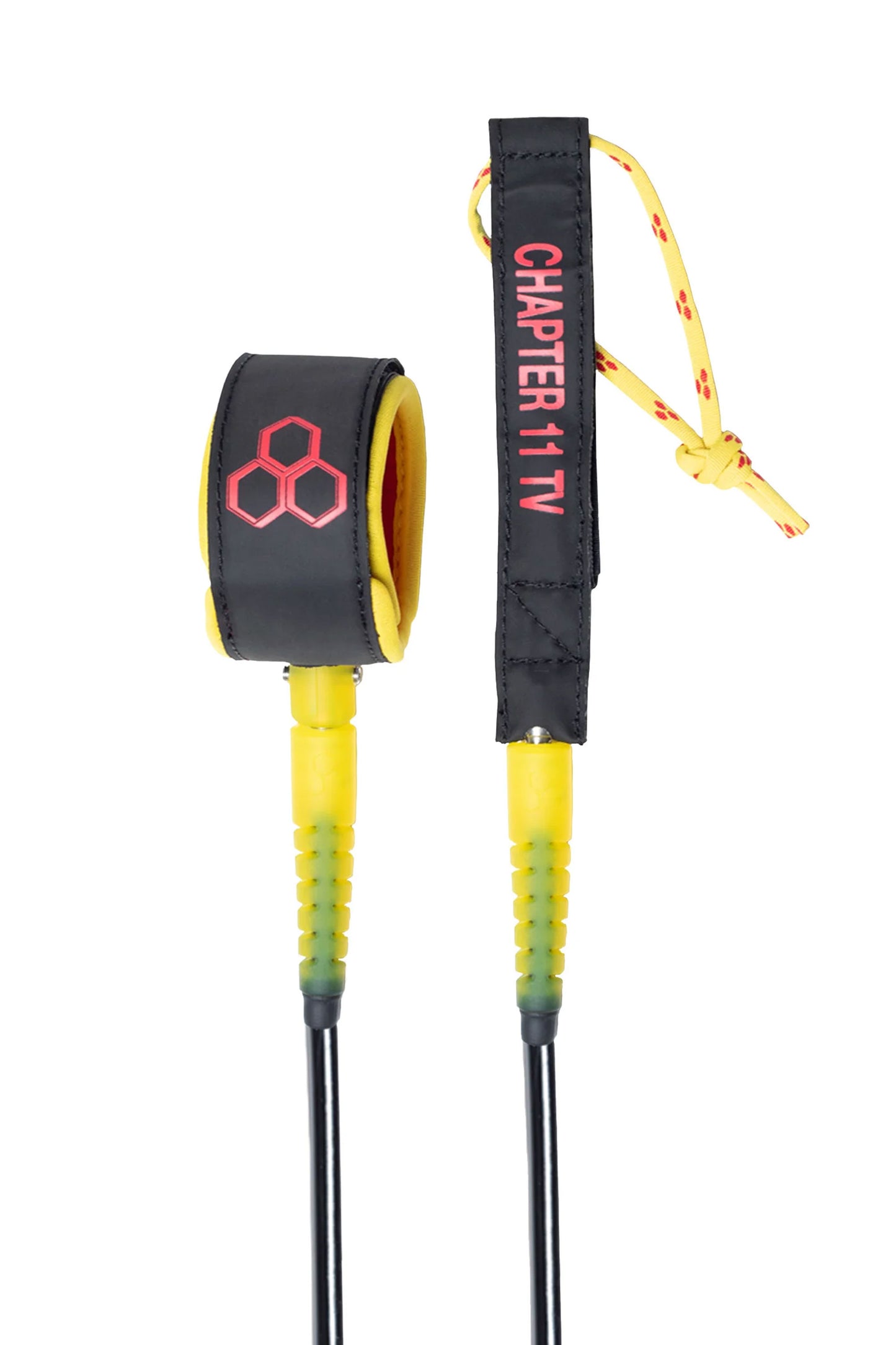Two yellow and black leashes with 'Chapter 11 TV' branding on a white background