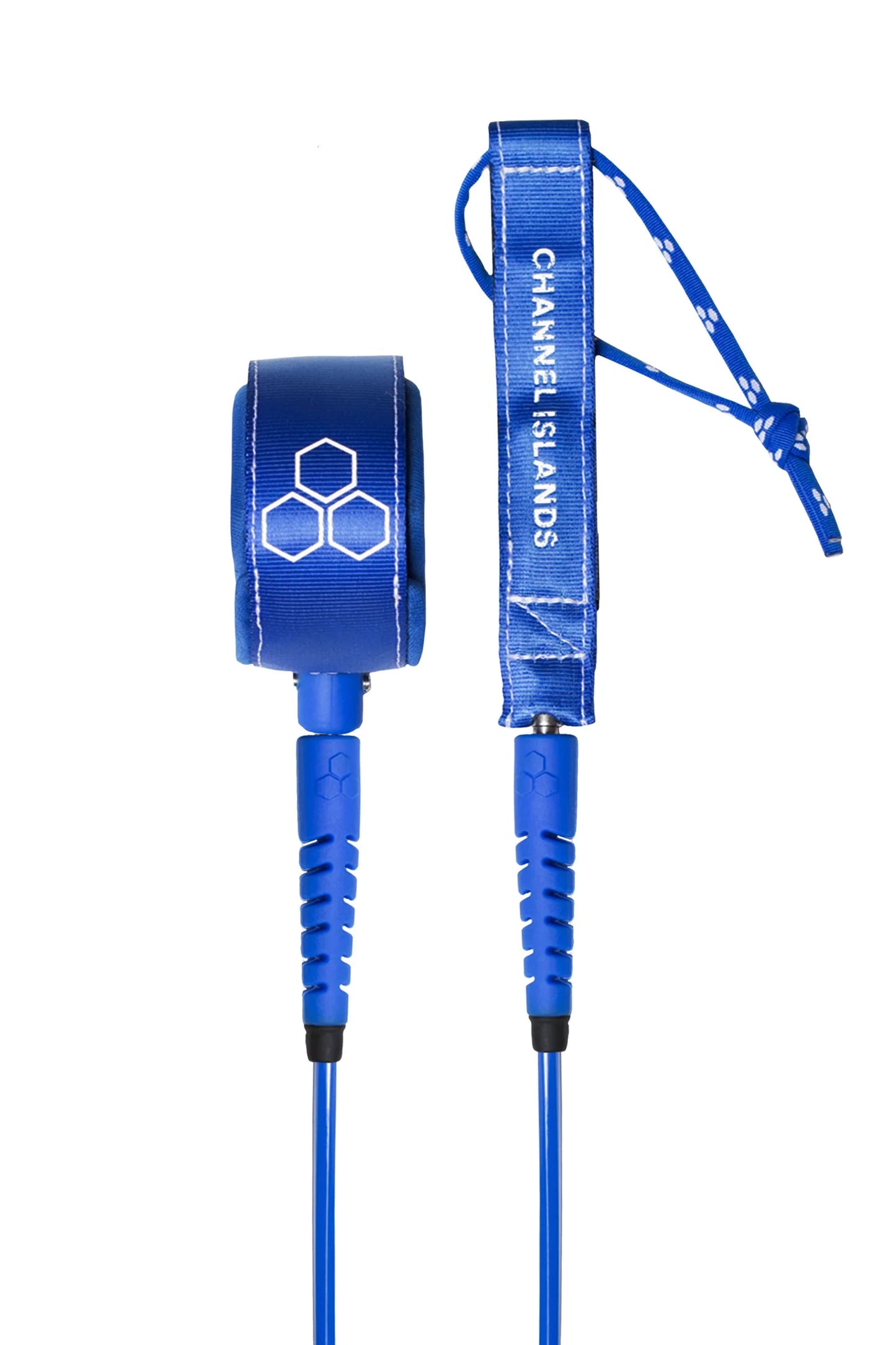 Blue surf leash with 'Channel Islands' branding on a white background
