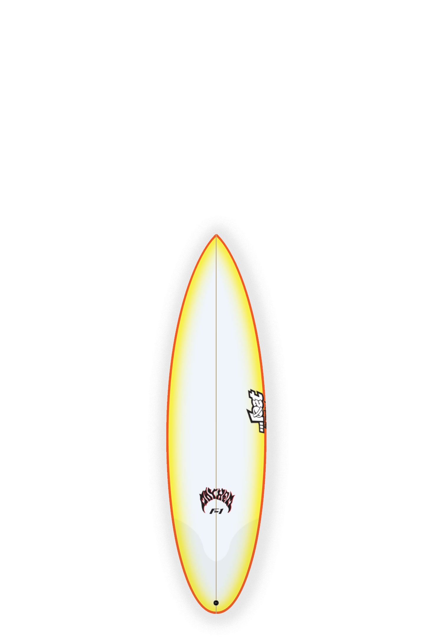 Lost Surfboards F1 surfboard with yellow and orange design at Pukas Surf Shop