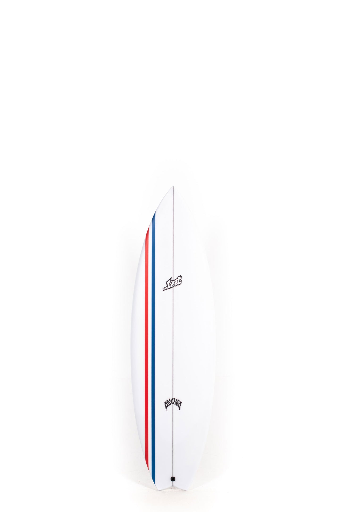 White Surfboard with red and blue stripes Mod Quad size 5'7" at Pukas Surf Shop