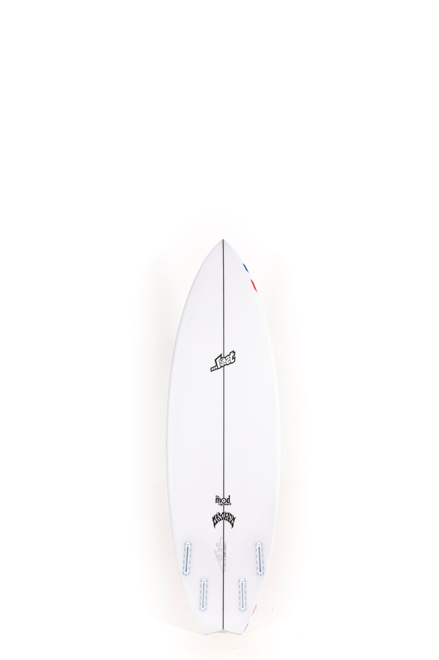 White Surfboard with red and blue stripes Mod Quad size 5'7" at Pukas Surf Shop - 2