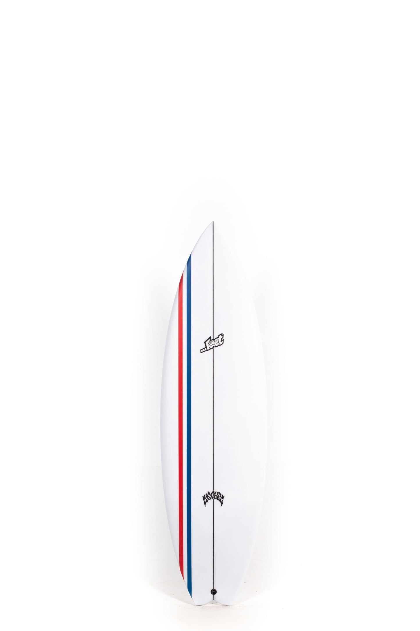 White surfboard with red and blue stripes Mod Quad size 5'8" at pukas Surf Shop