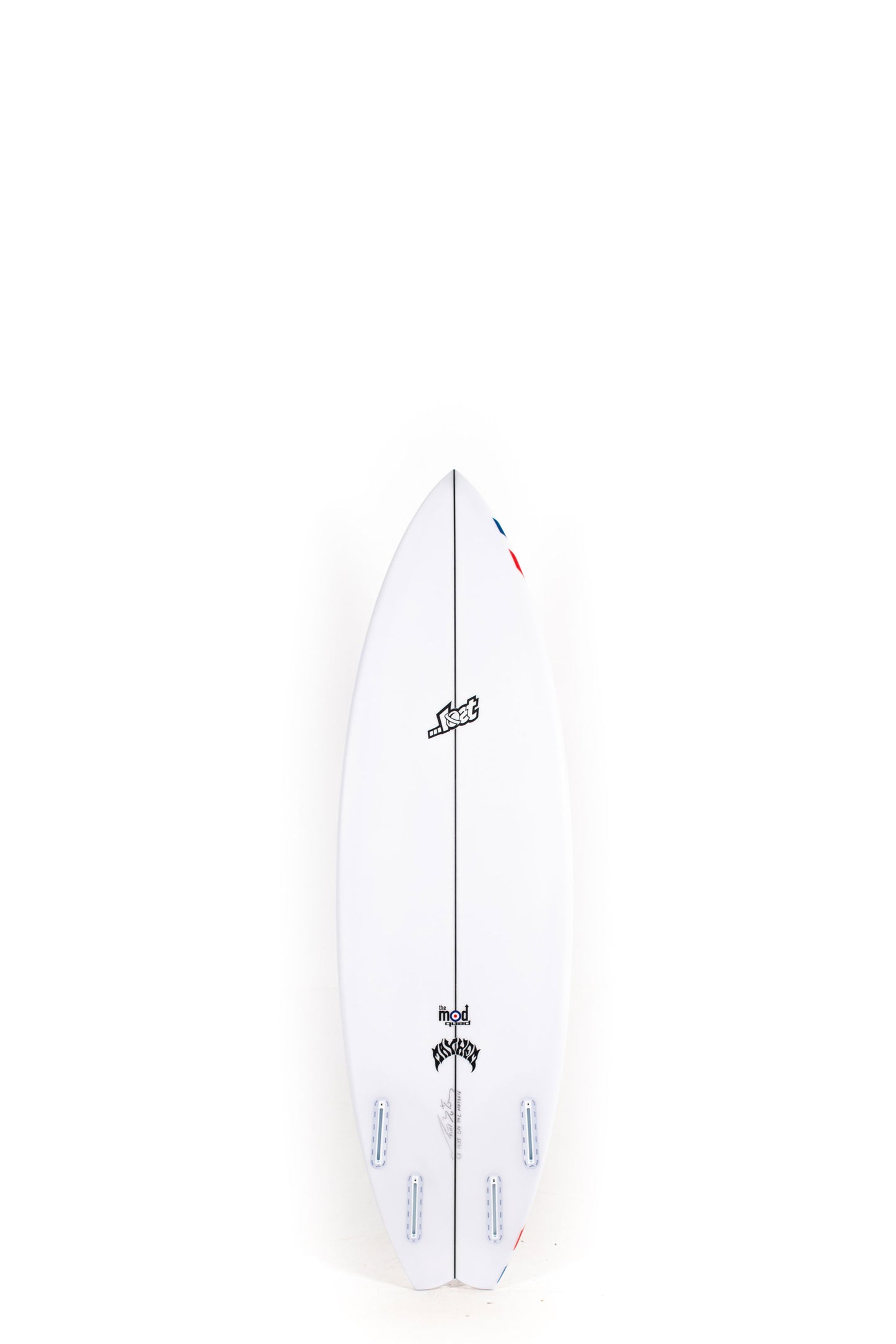 White surfboard with red and blue stripes Mod Quad size 5'8" at Pukas Surf Shop - 2