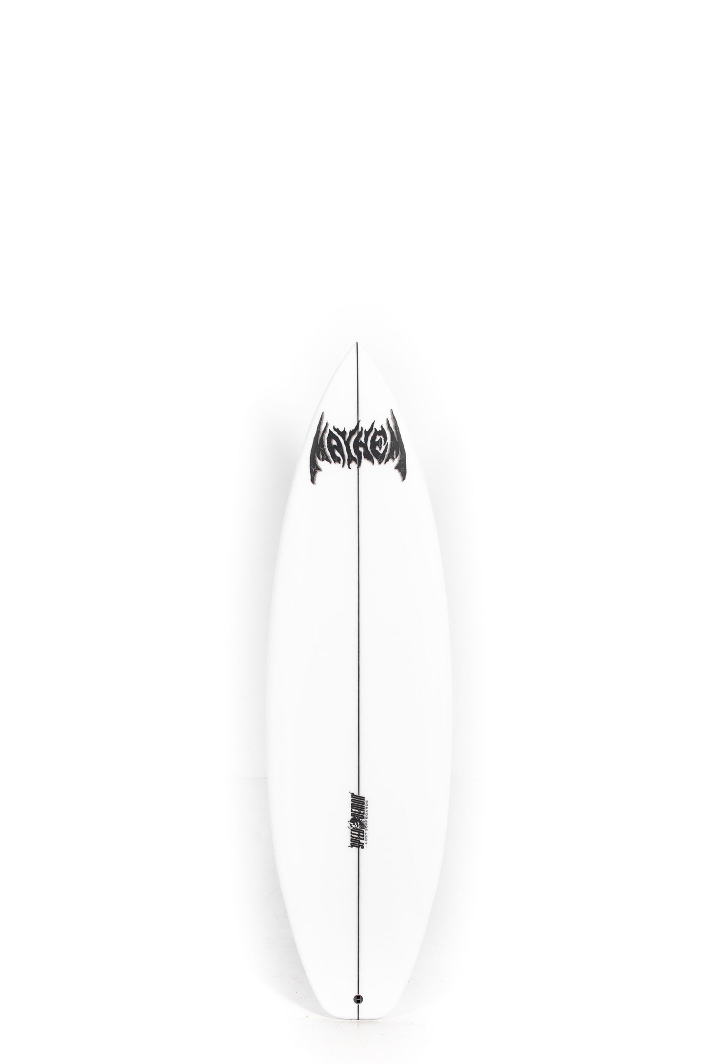 White Lost Speed Demon surfboard with black logo and design on a white background by Pukas Surf Shop