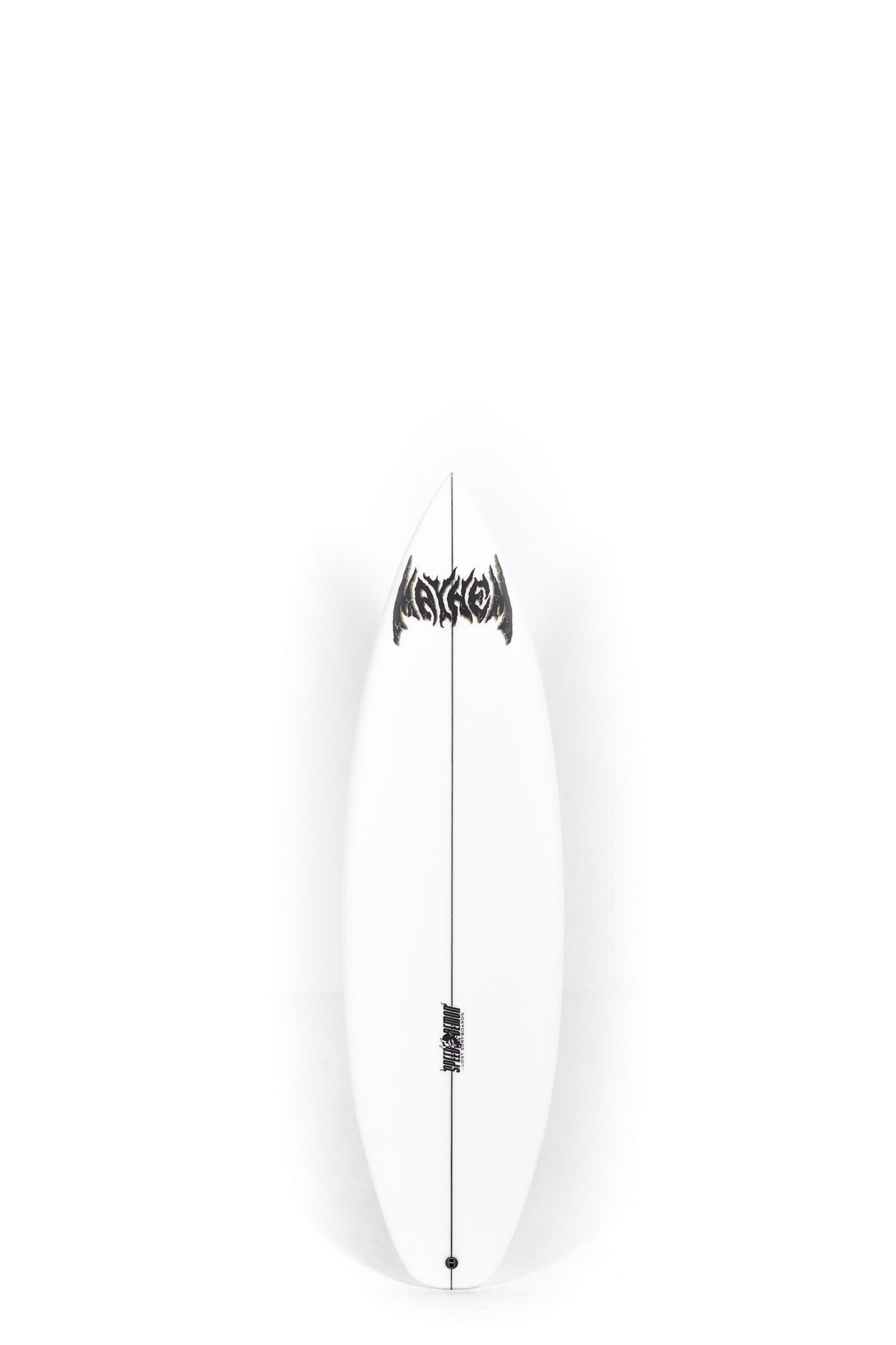 White Speed Demon Lost surfboard with black logo on a white background by Pukas Surf Shop 