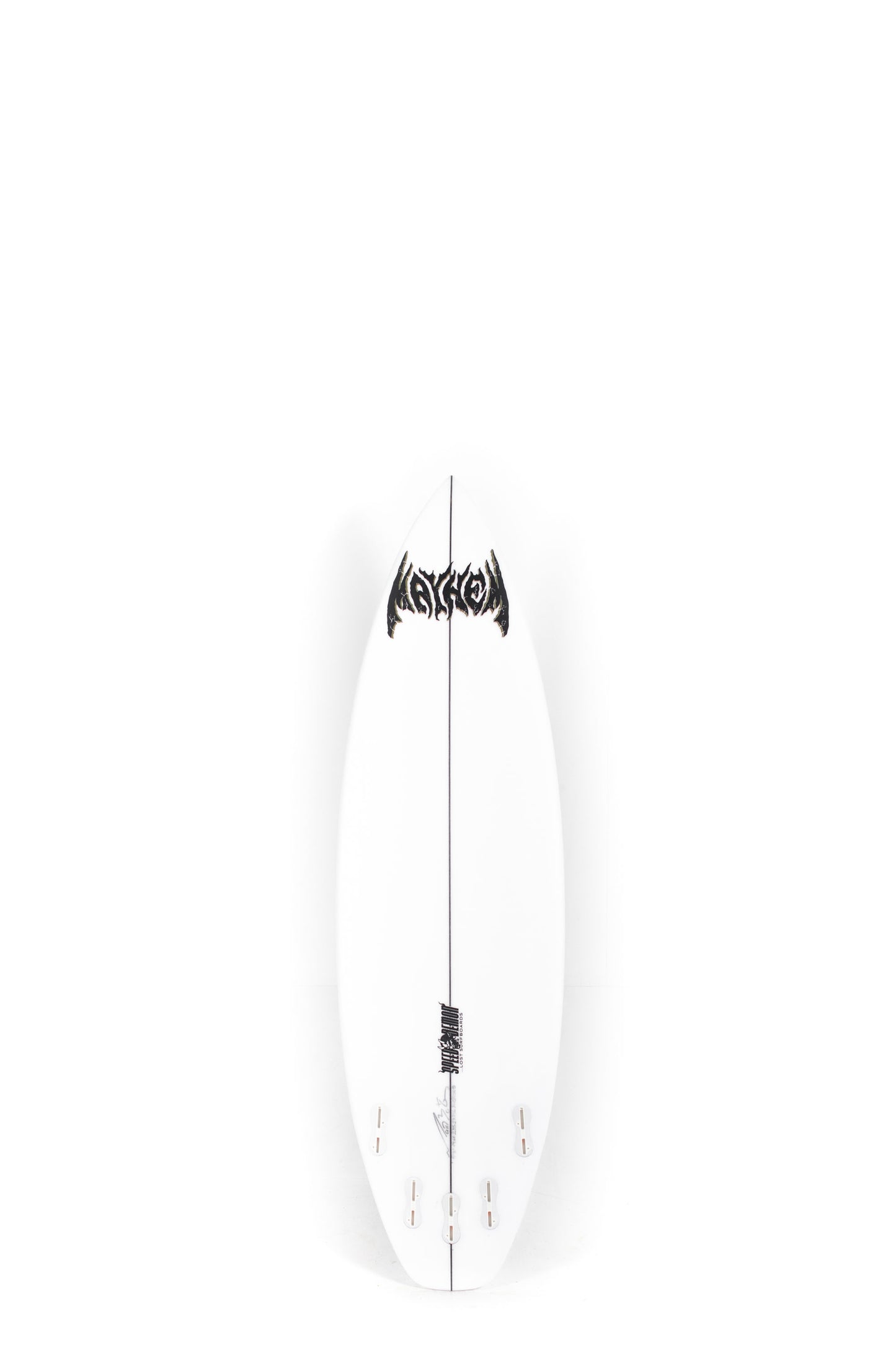 White Speed Demon Lost surfboard with black logo on a white background by Pukas Surf Shop - 2