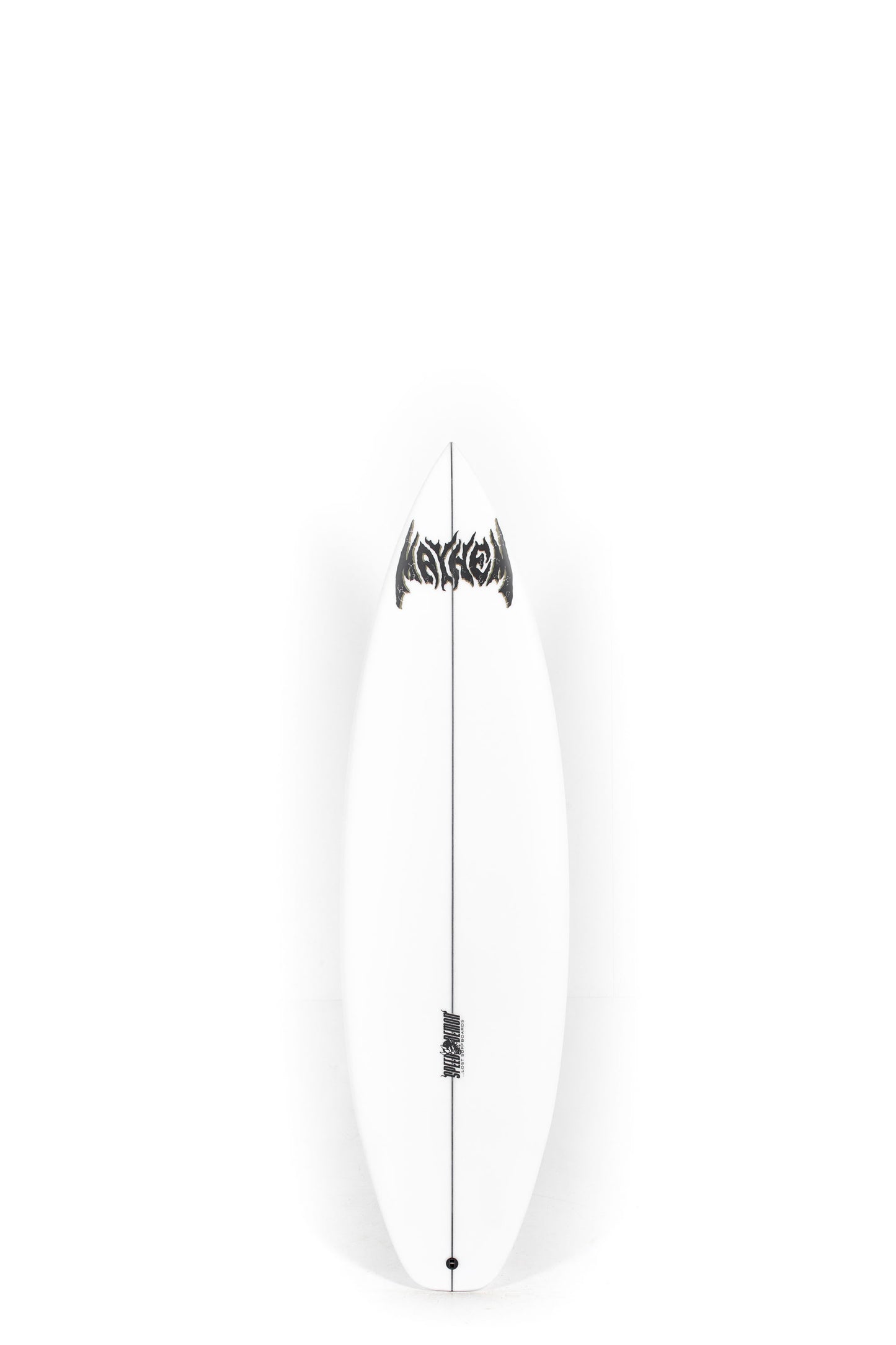 White Speed Demon Lost surfboard with black logo and design on a white background by Pukas Surf Shop