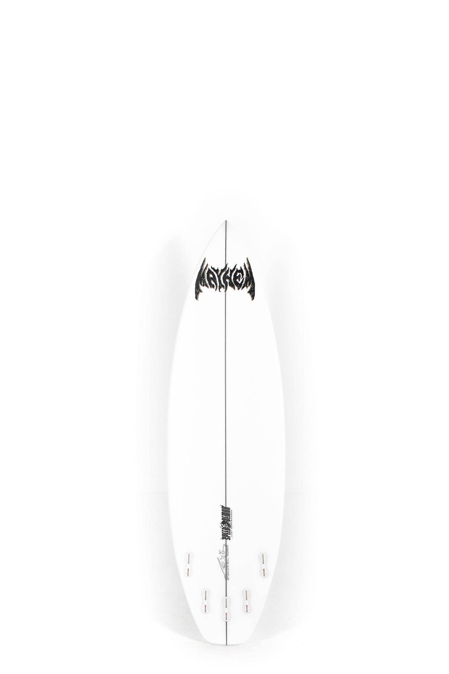 White Speed Demon Lost surfboard with black logo and design on a white background by Pukas Surf Shop - 2