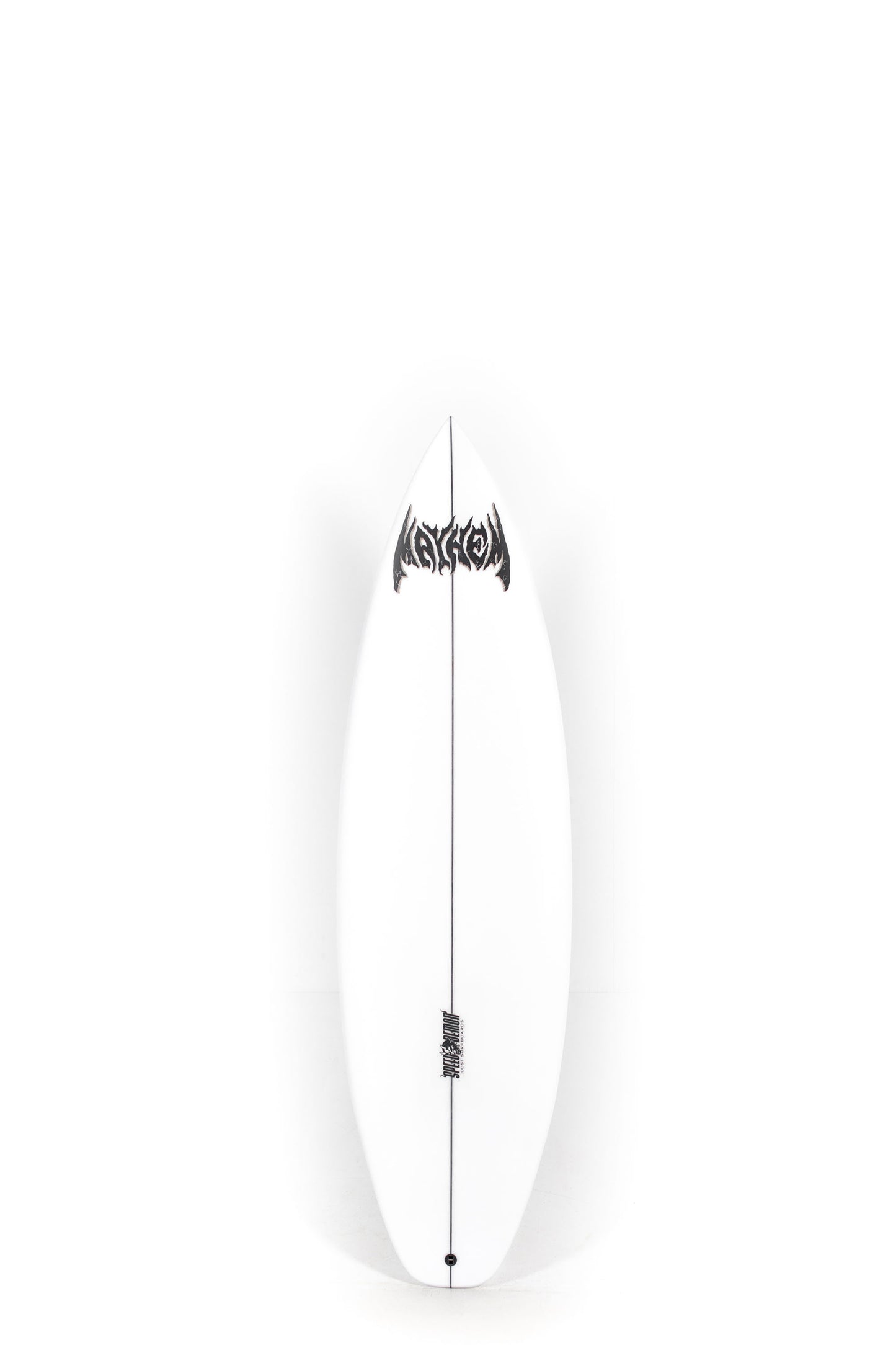 White Speed Demon Lost surfboard with black logo and design on a white background by Pukas Surf Shop