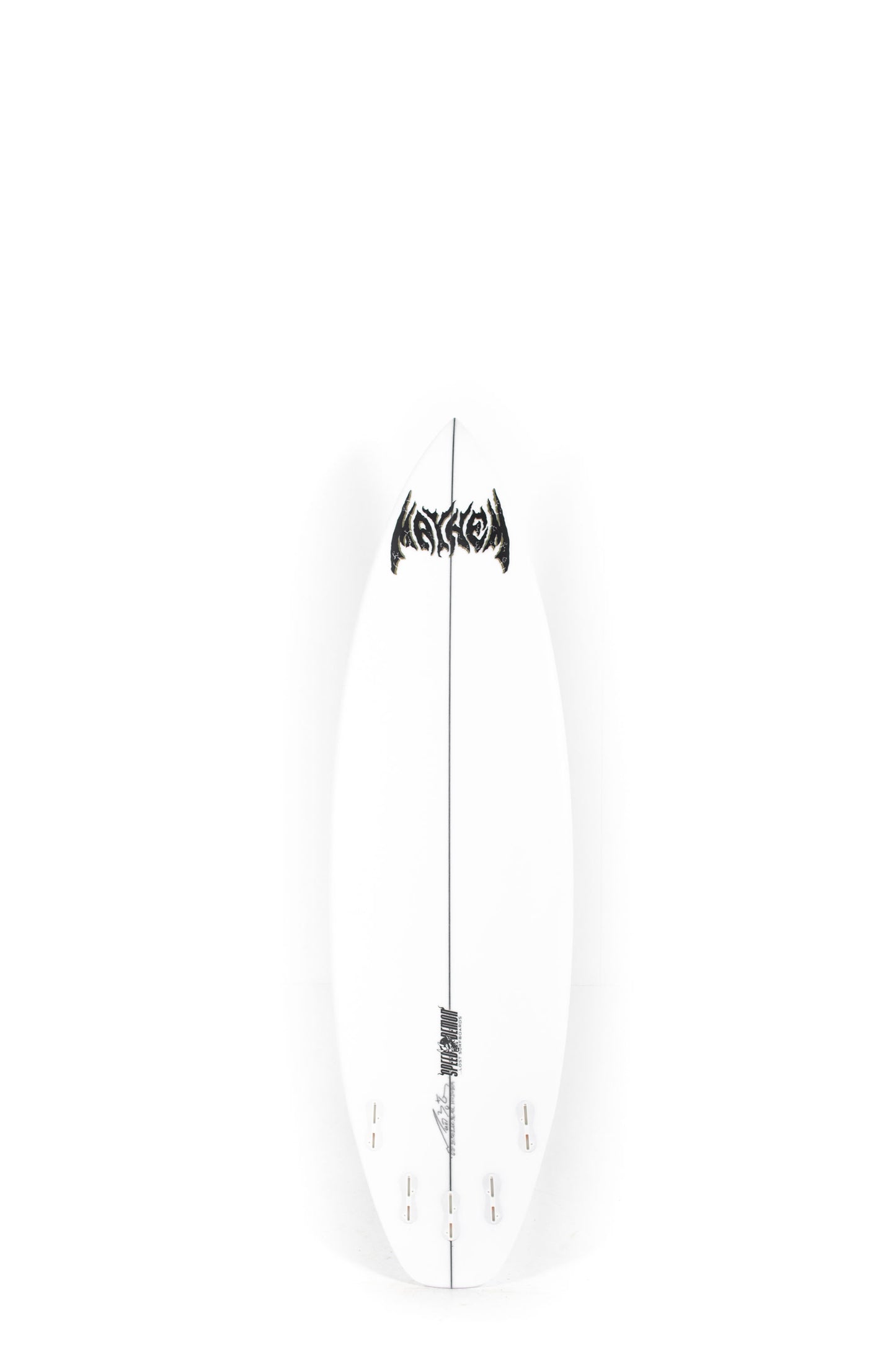 White Speed Demon Lost surfboard with black logo and design on a white background by Pukas Surf Shop - 2