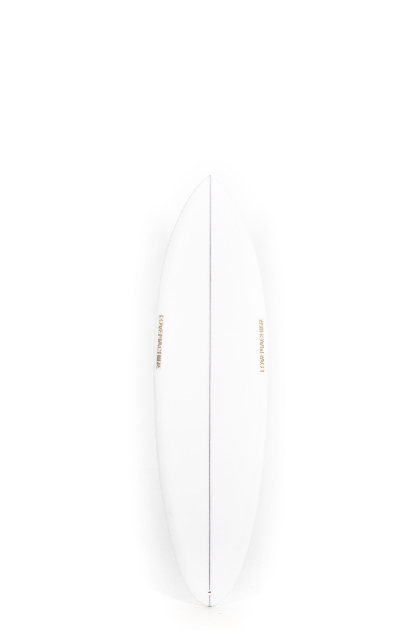 White Lovemachine FM surfboard with golden logo size 6'6" at Pukas Surf Shop