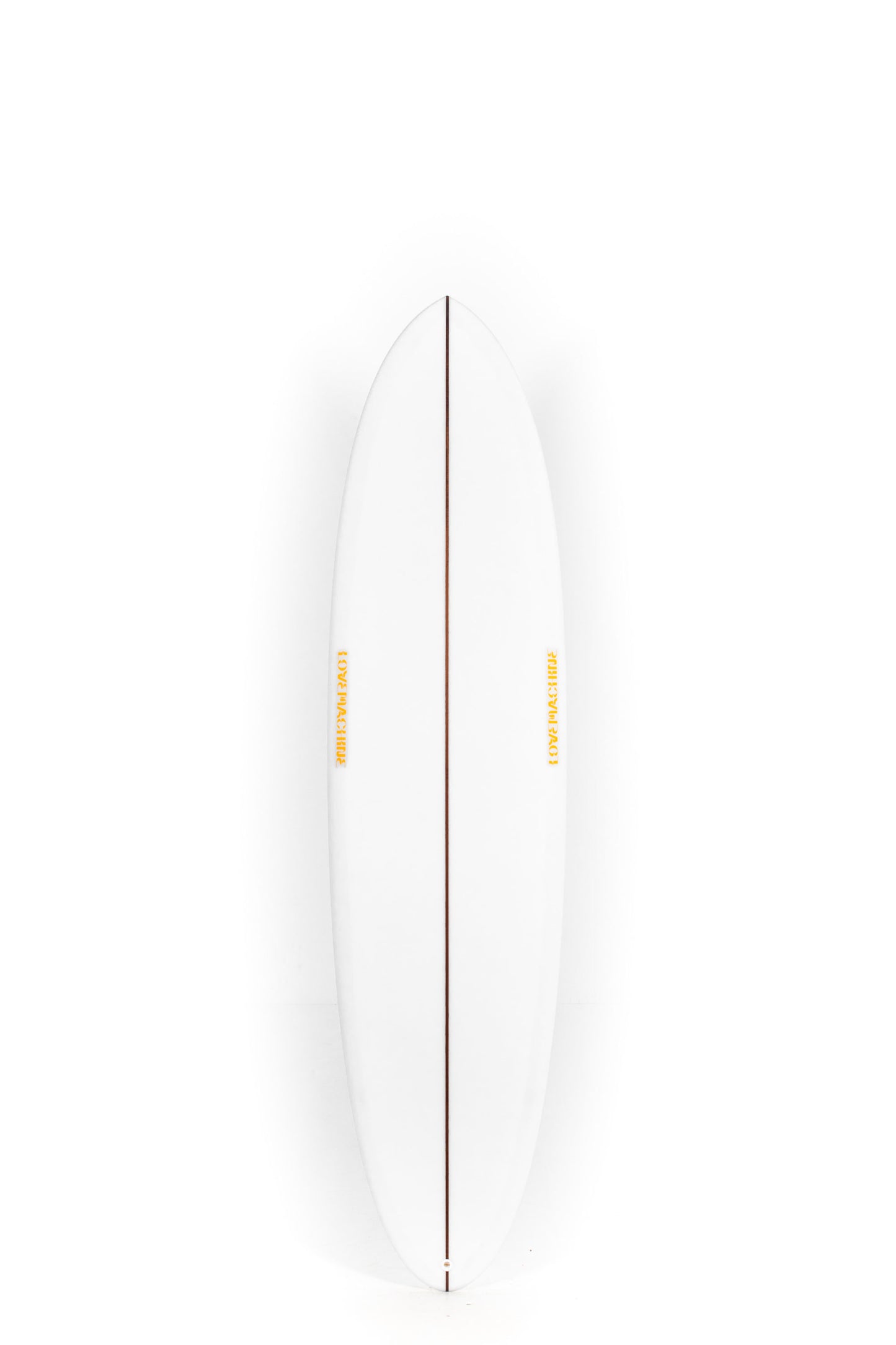 White Lovemachine FM Surfboard with yellow logos size 7'2" at Pukas Surf Shop