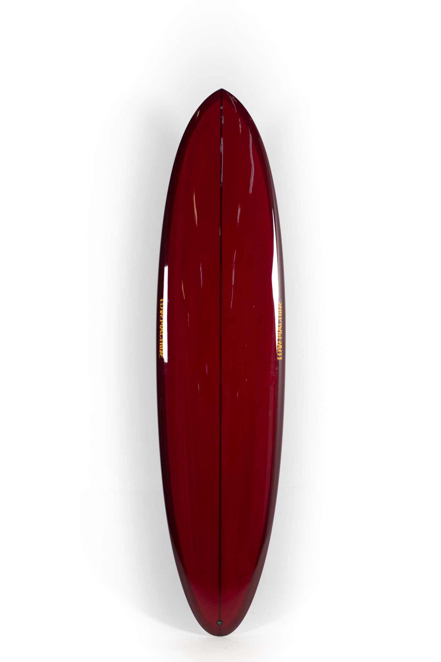 Red Lovemachine FM Surfboard with yellow logos size 7'8" at Pukas Surf Shop