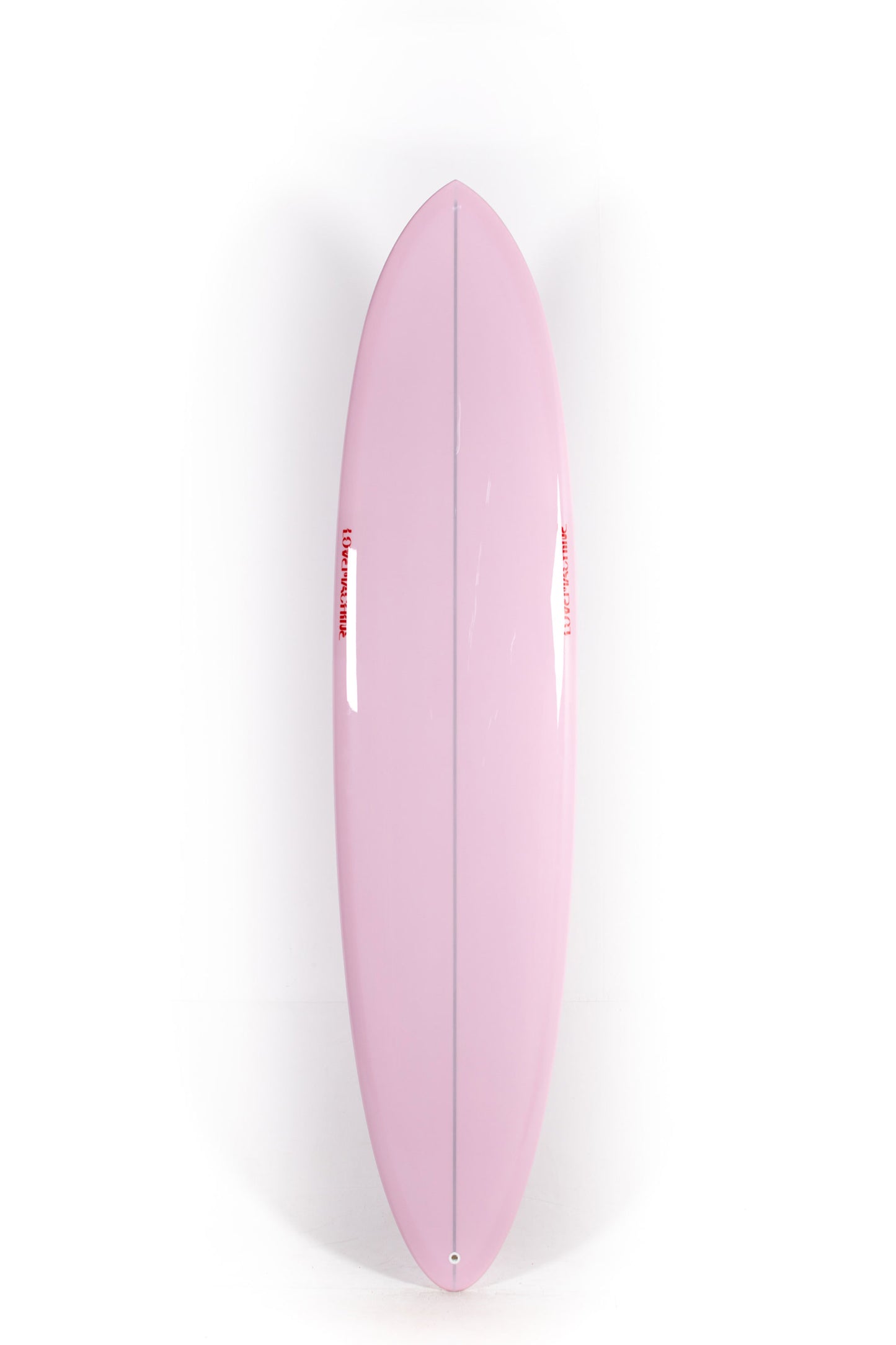 Pink Lovemachine FM surfboard with red logos size 8'1" at Pukas Surf Shop