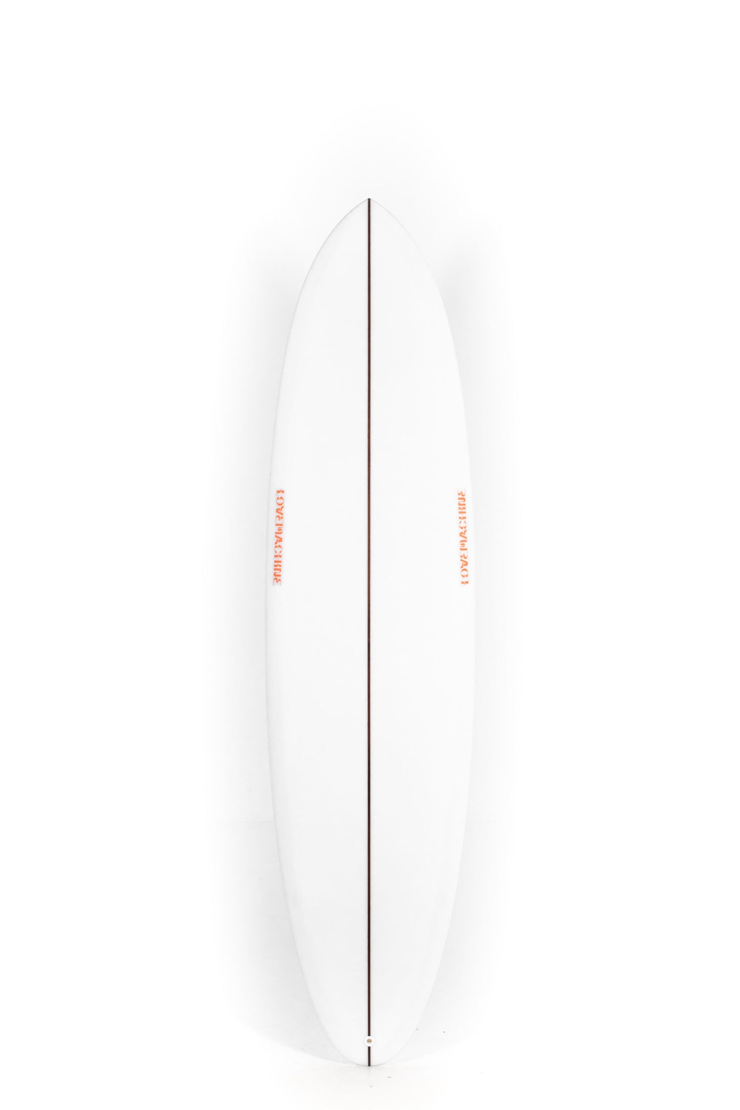 White Lovemachine FM Surfboard with orange logos size 7'4" at Pukas Surf Shop