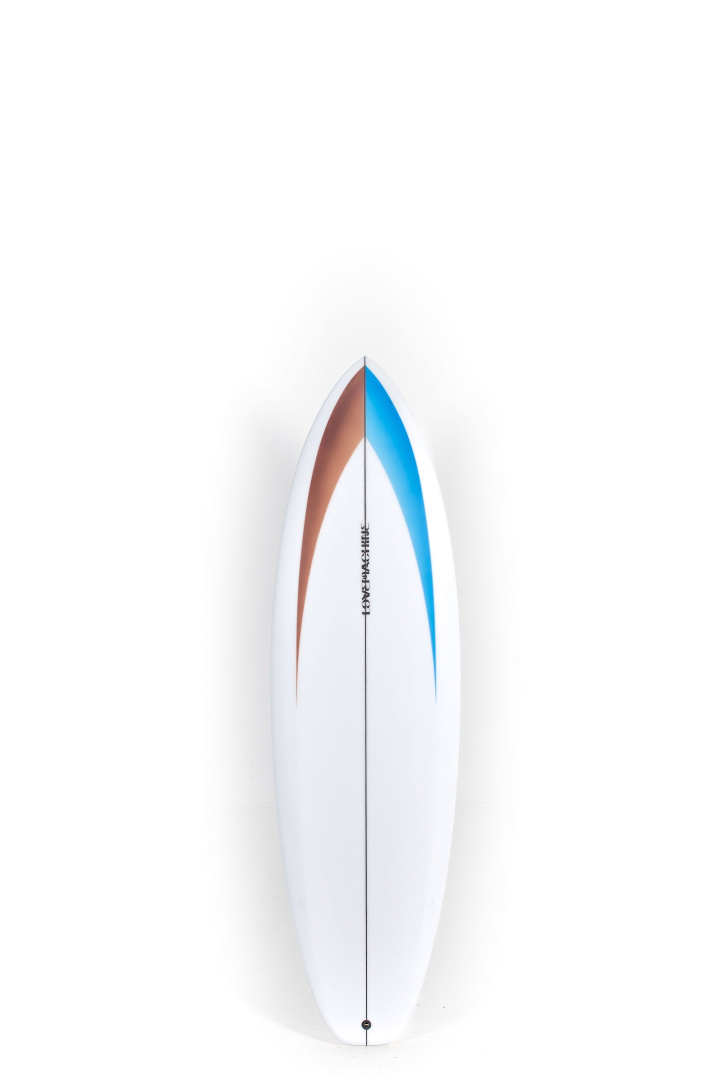 White Surfboard with blue and brown spray Lovemachine GT size 6'0" at Pukas Surf Shop