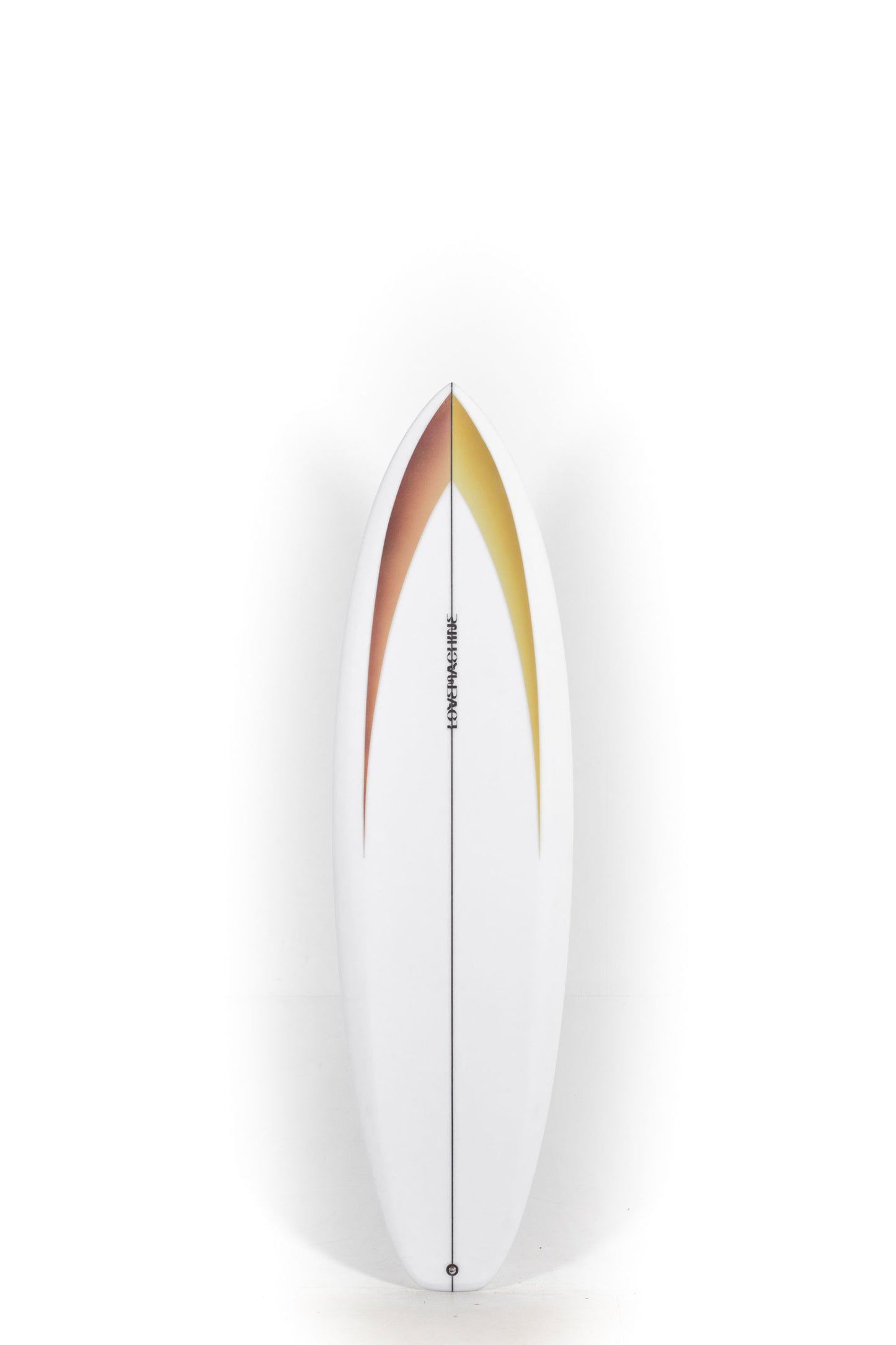 White Lovemachine surfboard GT with brown spray, size 6'4" at Pukas Surf Shop