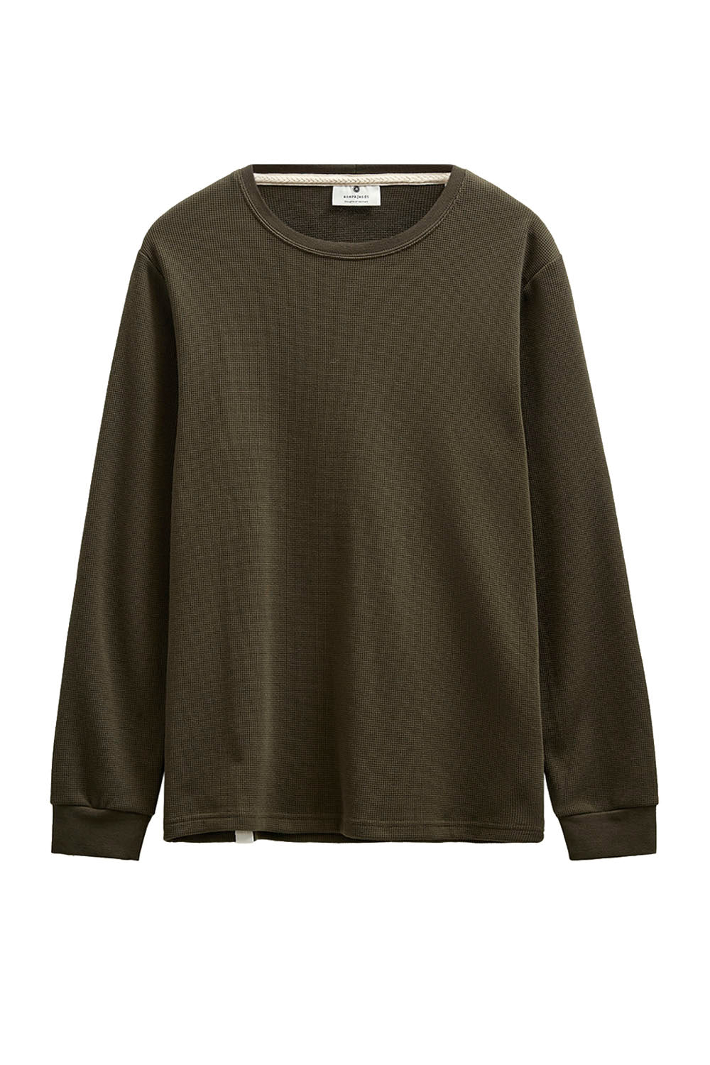 An olive brown long-sleeve crewneck shirt with ribbed cuffs and hem, displayed flat against a plain white background.