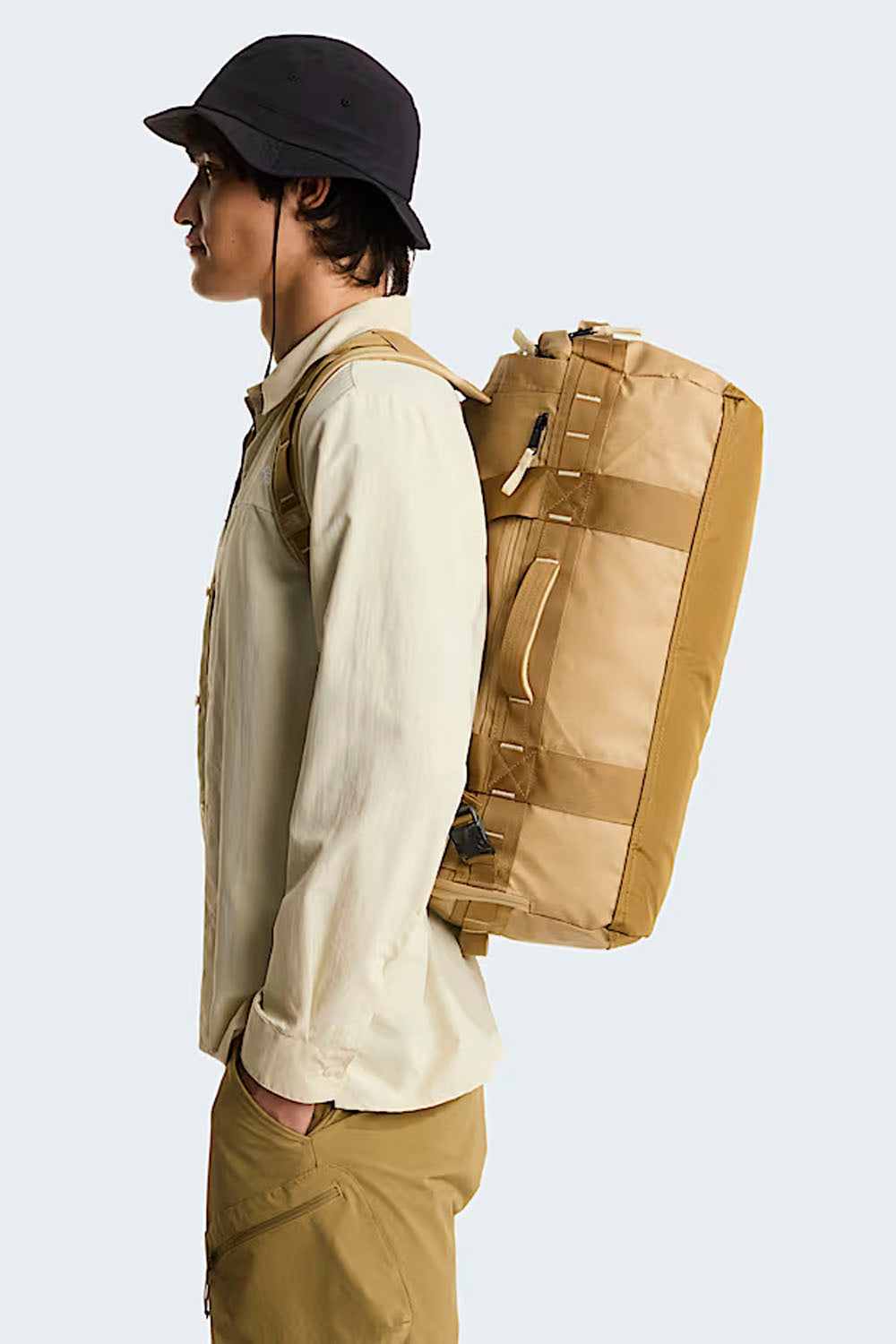 The North Face Base Camp Voyager Duffel 42L in Khaki Stone/Utility Brown – large travel bag with laptop sleeve | Pukas Surf Shop