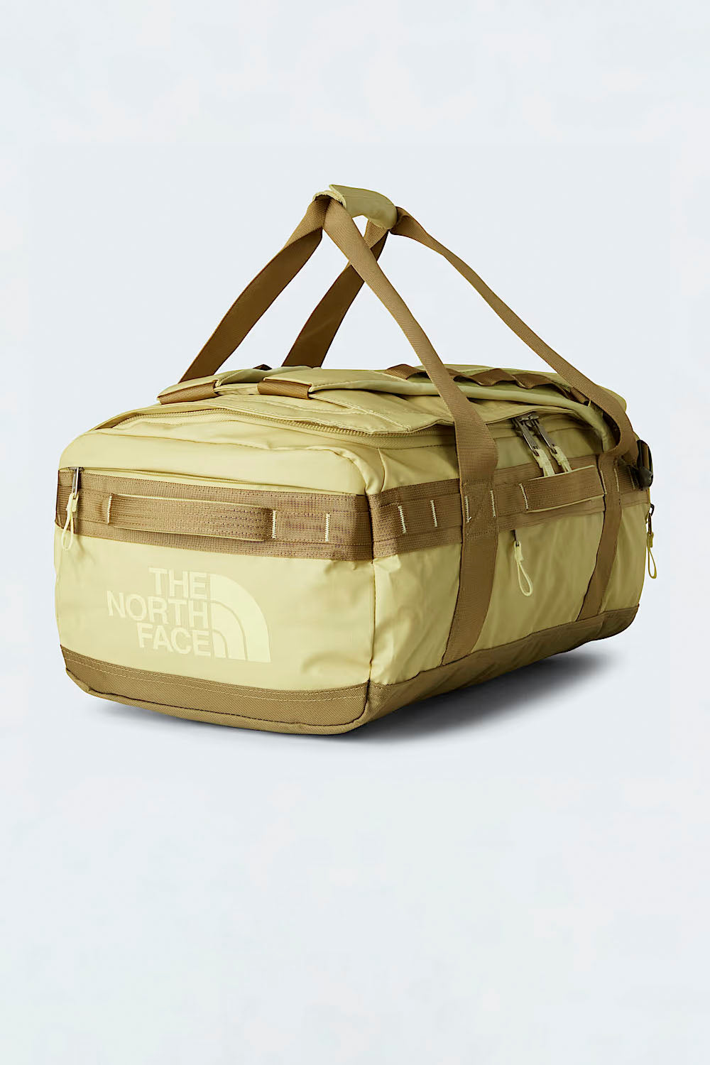 Yellow duffel bag with brown accents on a light gray background