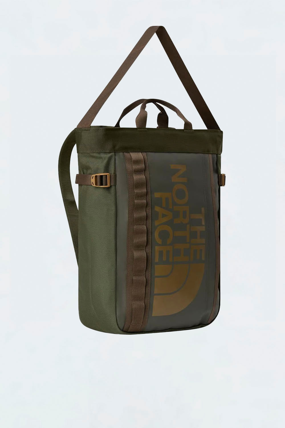 Green The North Face bag on a light gray background