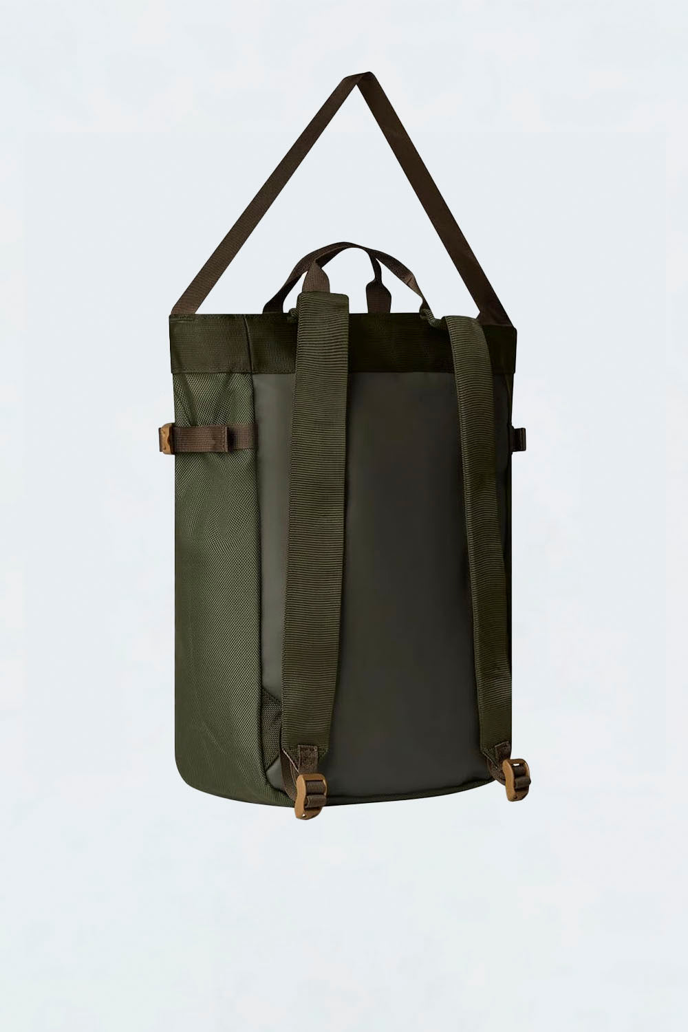 Green backpack with leather straps on a light gray background