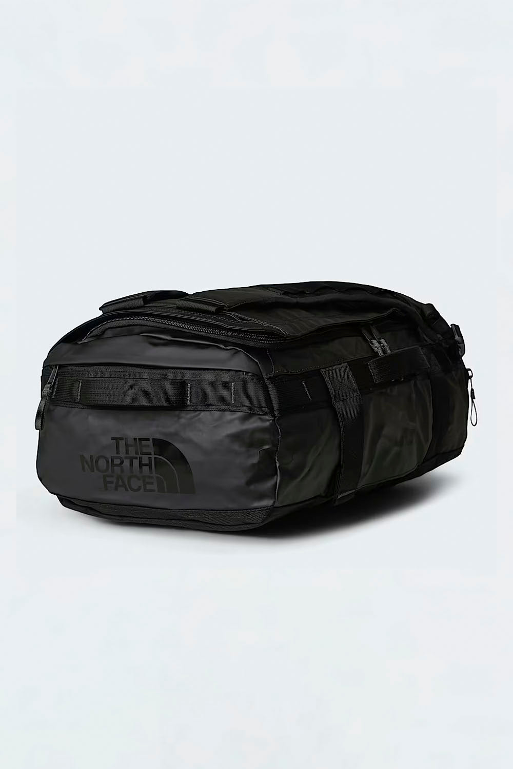 The North Face Base Camp Voyager Duffel 32L in Black – rugged travel duffel with laptop pocket, available at Pukas Surf Shop