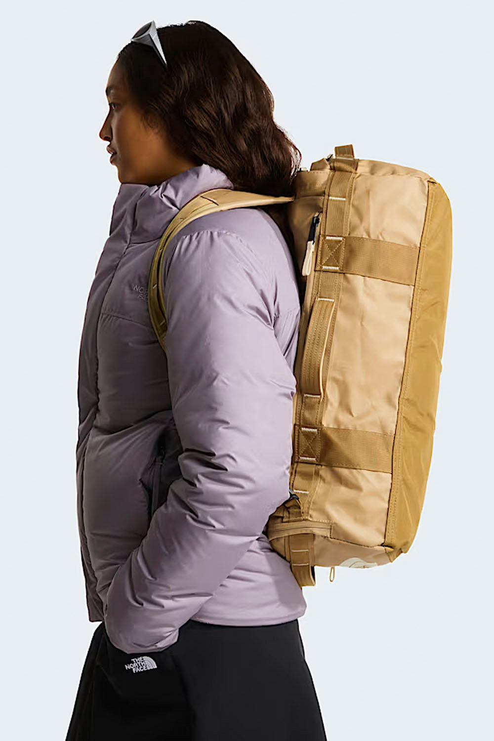 The North Face Base Camp Voyager Duffel 32L in Khaki Stone/Utility Brown – compact travel bag with laptop sleeve | Pukas Surf Shop