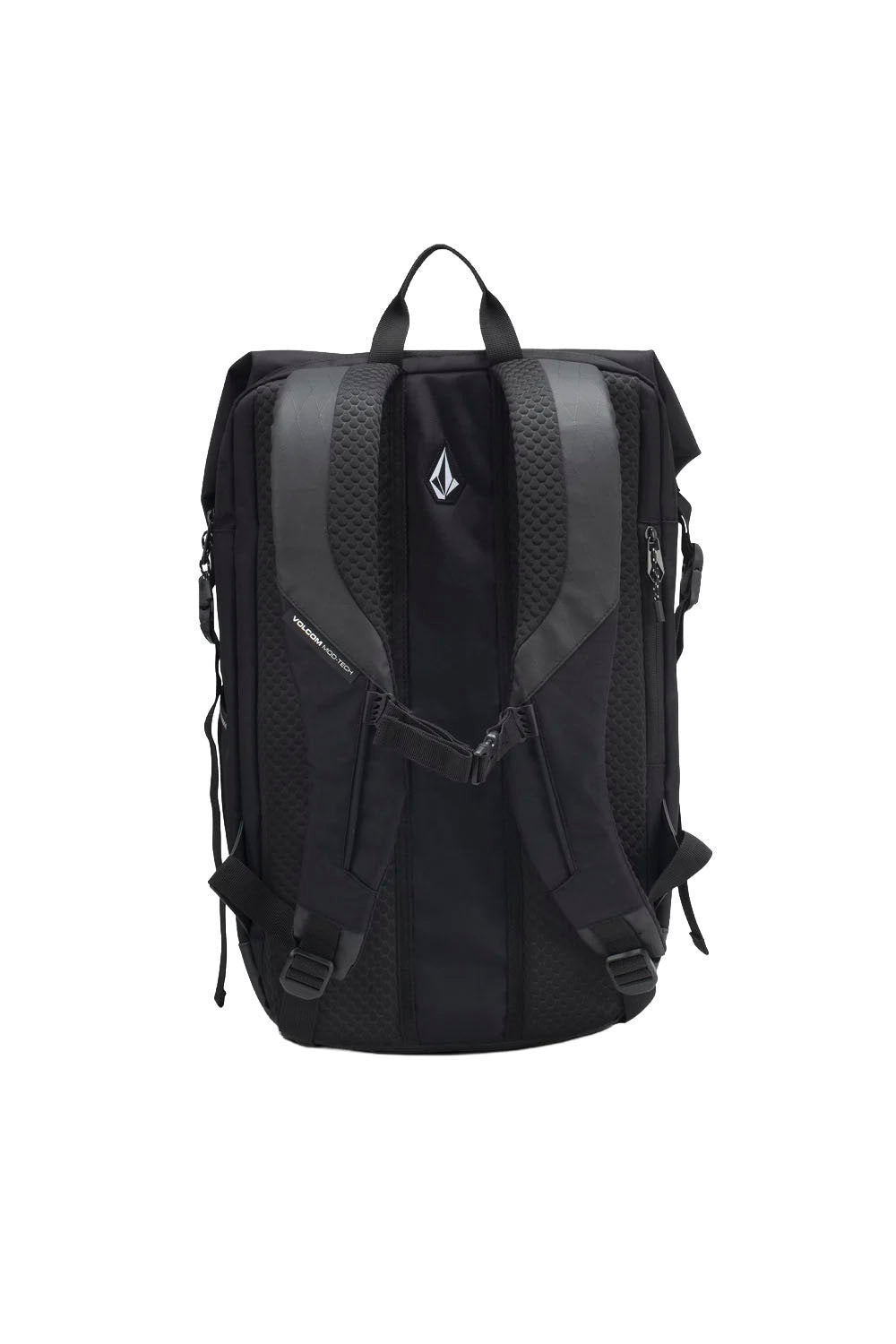 Black Volcom backpack shown from the back, featuring a textured mesh back panel, padded shoulder straps, and a small white Volcom logo centered on the upper back.
