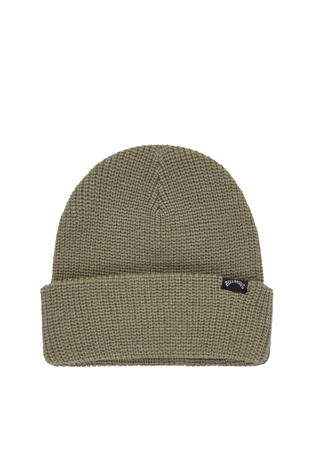 An olive green ribbed knit beanie hat with a small black brand patch on the front cuff, shown against a plain white background.