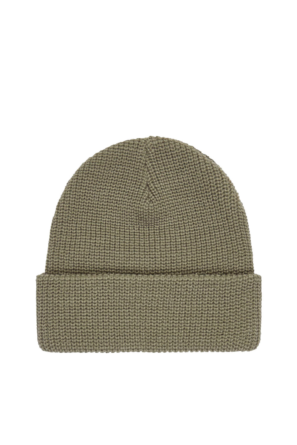 An olive green ribbed knit beanie hat shown flat against a solid white background.